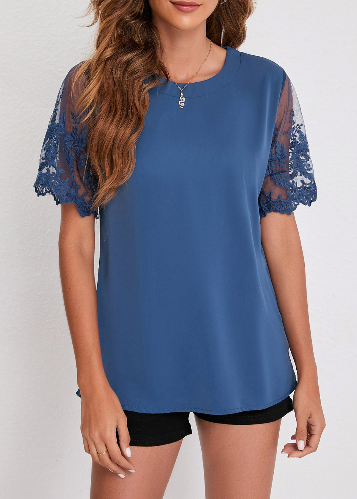 Blue tops,Plain Color tops,Blue Mesh Stitching Lace Patchwork T Shirt
