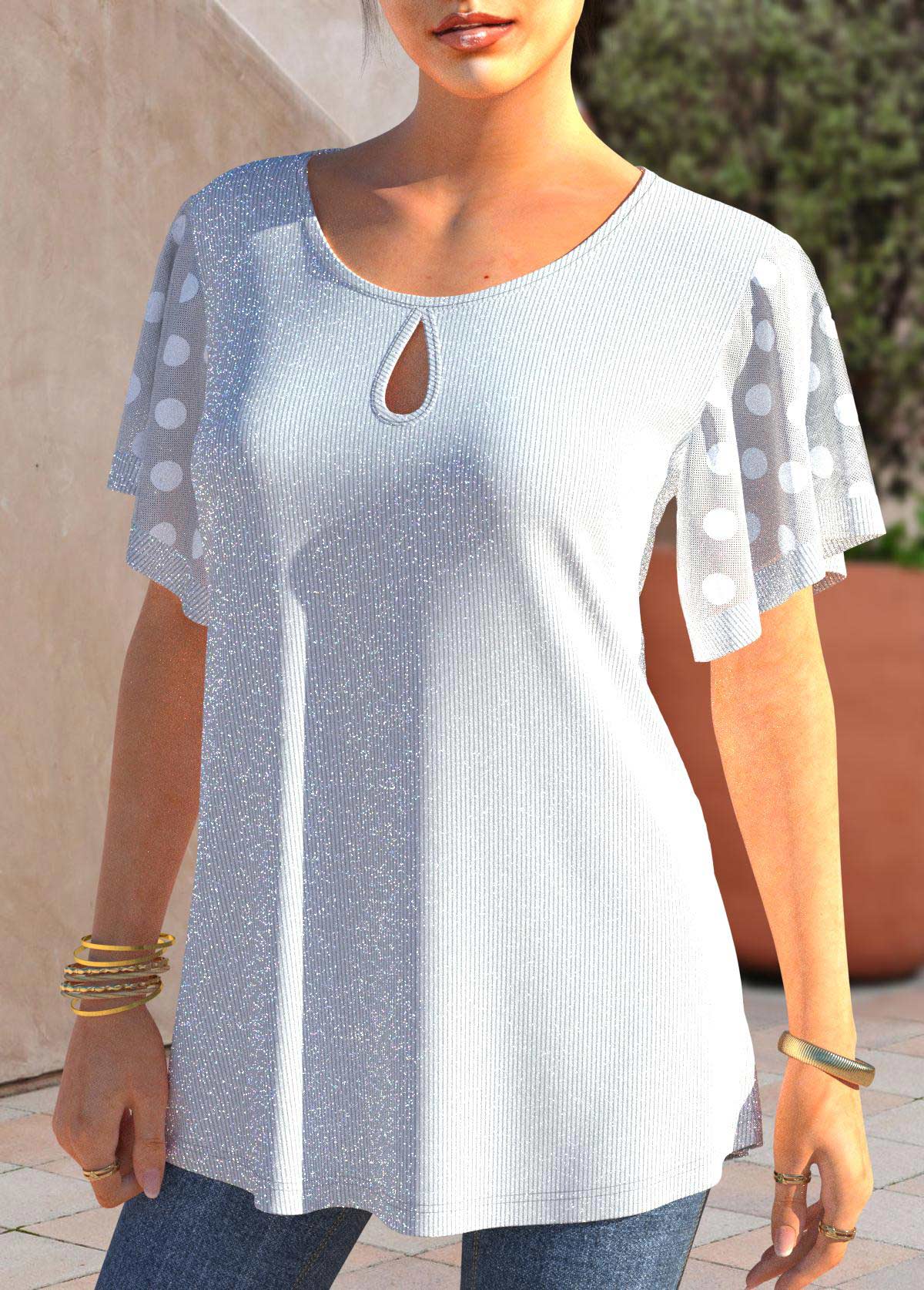White tops,Dot tops,ROTITA White Glitter Fabric Polka Dot T Shirt