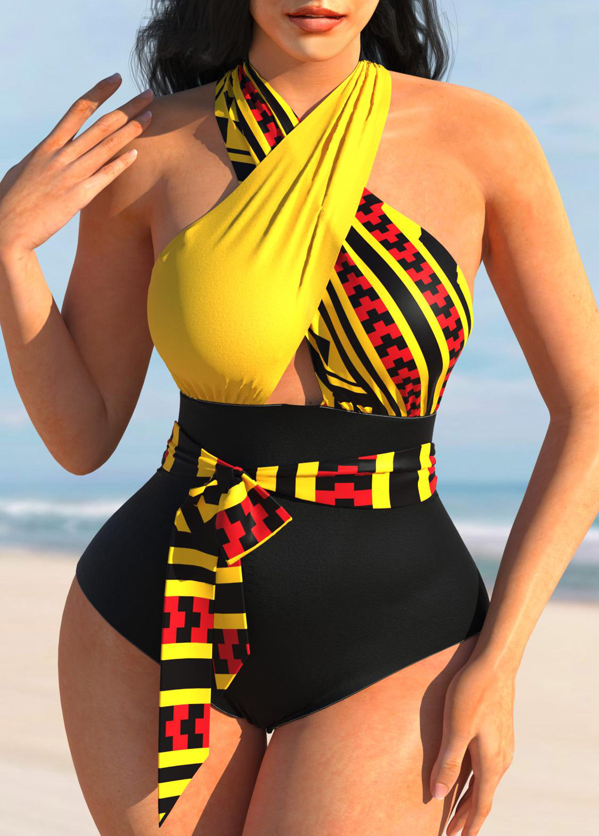 ROTITA Tribal Print Cross Halter Color Block One Piece Swimwear