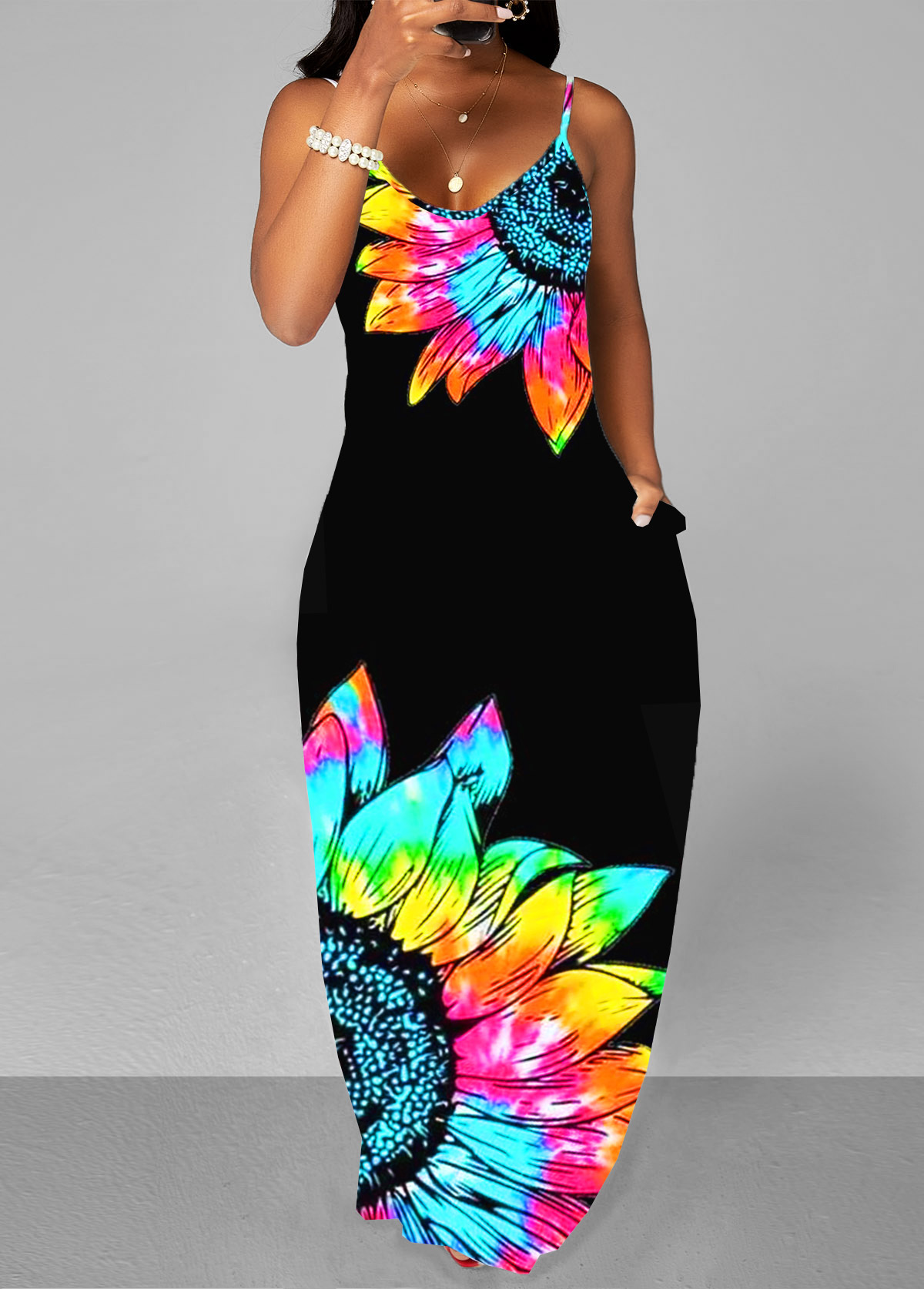 ROTITA Black Floral Print Spaghetti Strap Maxi Dress