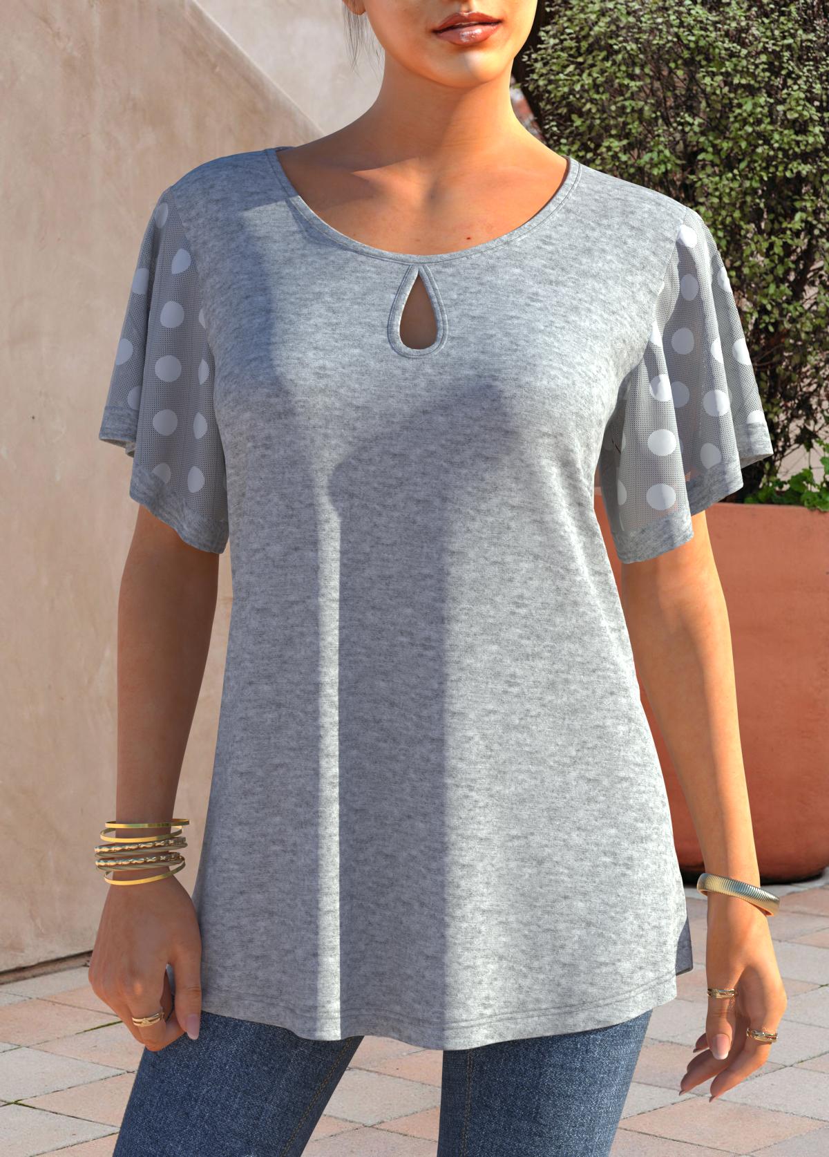 ROTITA Keyhole Neckline Polka Dot Grey Marl T Shirt