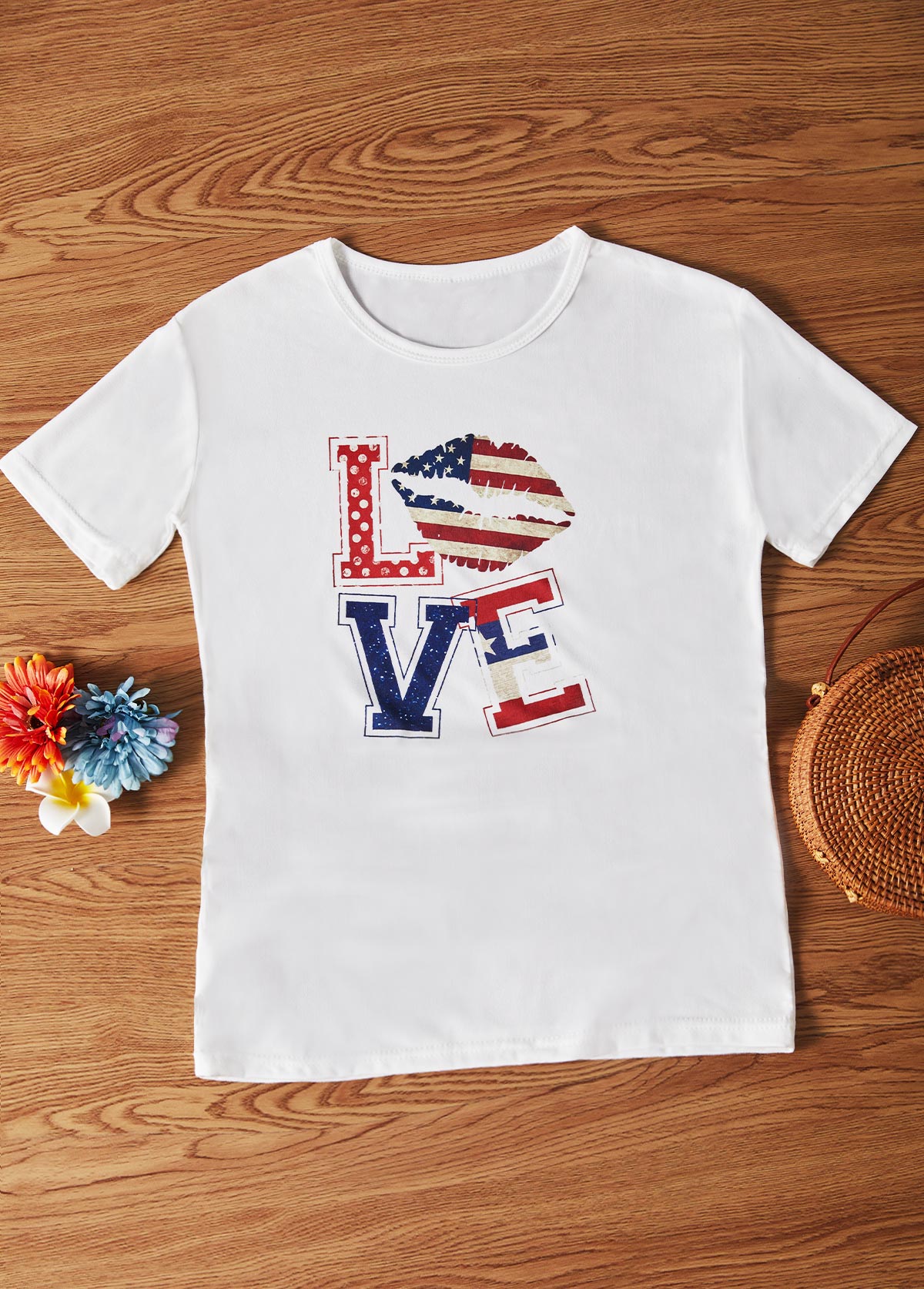 White tops,Flag tops,American Flag Print White Round Neck T Shirt