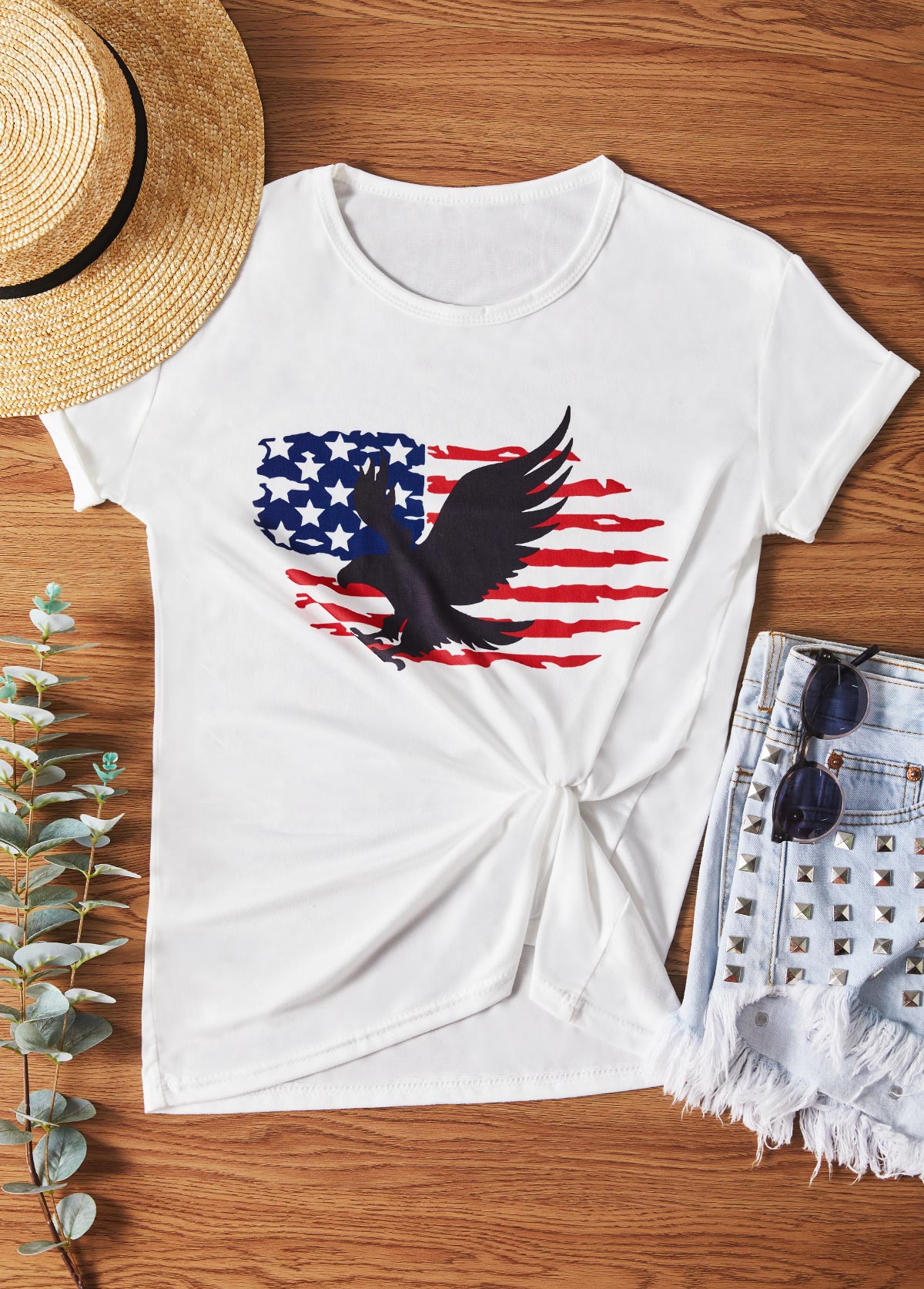 American Flag Print Round Neck White T Shirt
