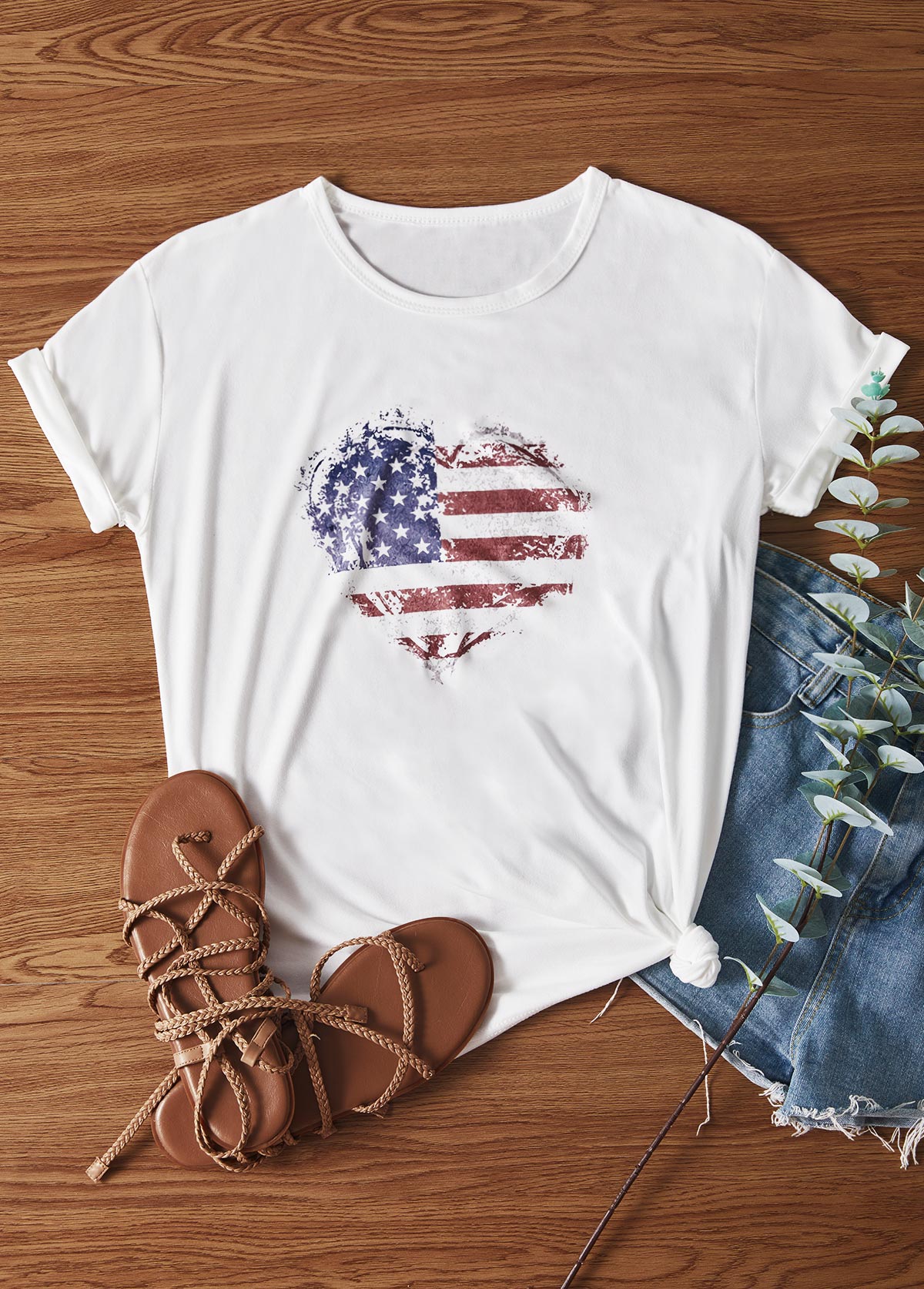 American Flag Print White Round Neck T Shirt