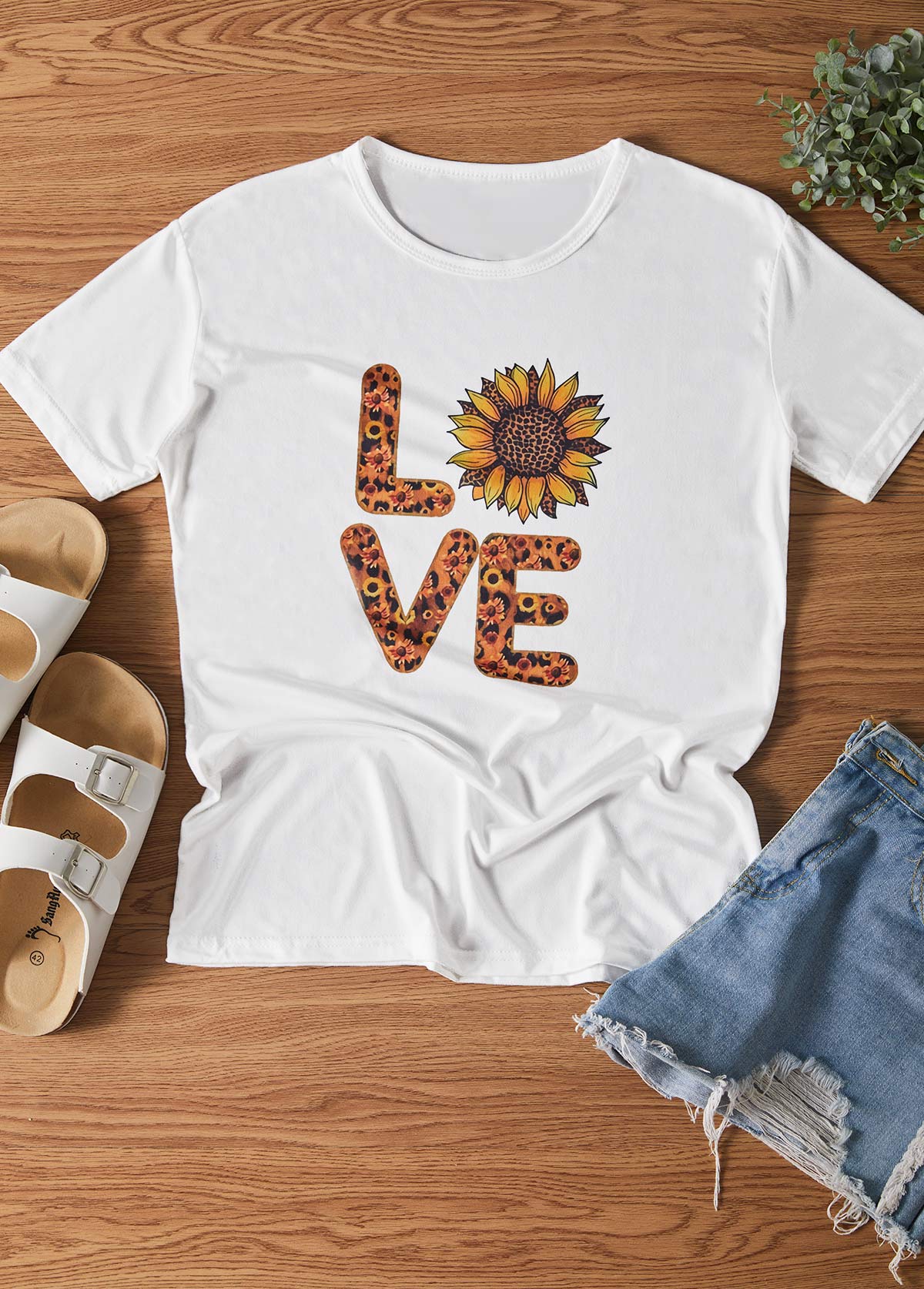 Letter and Sunflower Print White T Shirt