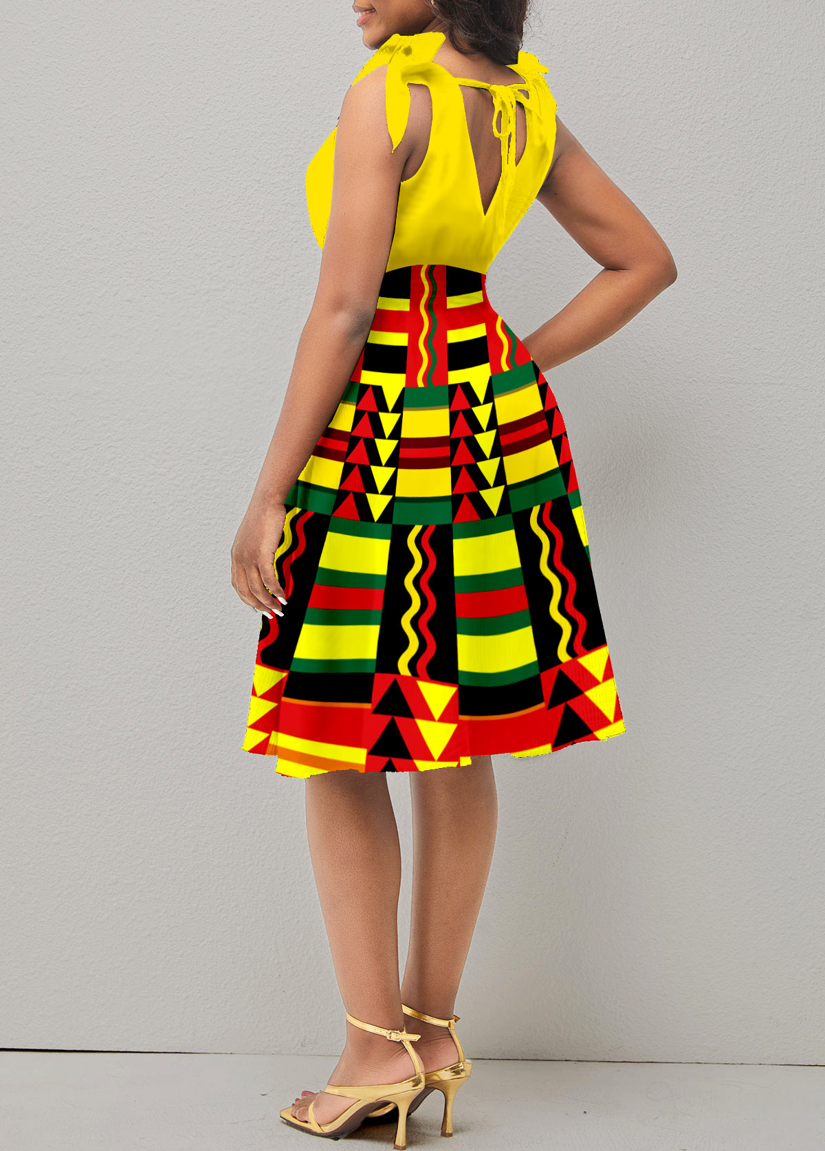 Yellow dresses,Tribal dresses,ROTITA Tribal Print V Neck Sleeveless Yellow Dress
