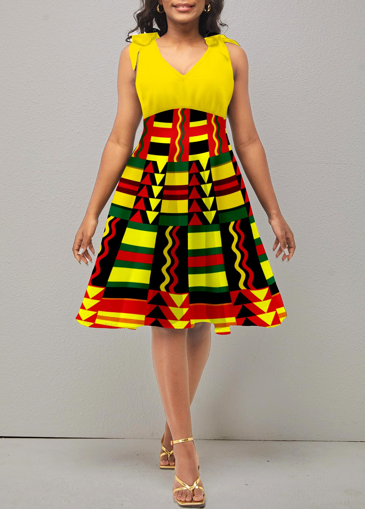 Yellow dresses,Tribal dresses,ROTITA Tribal Print V Neck Sleeveless Yellow Dress
