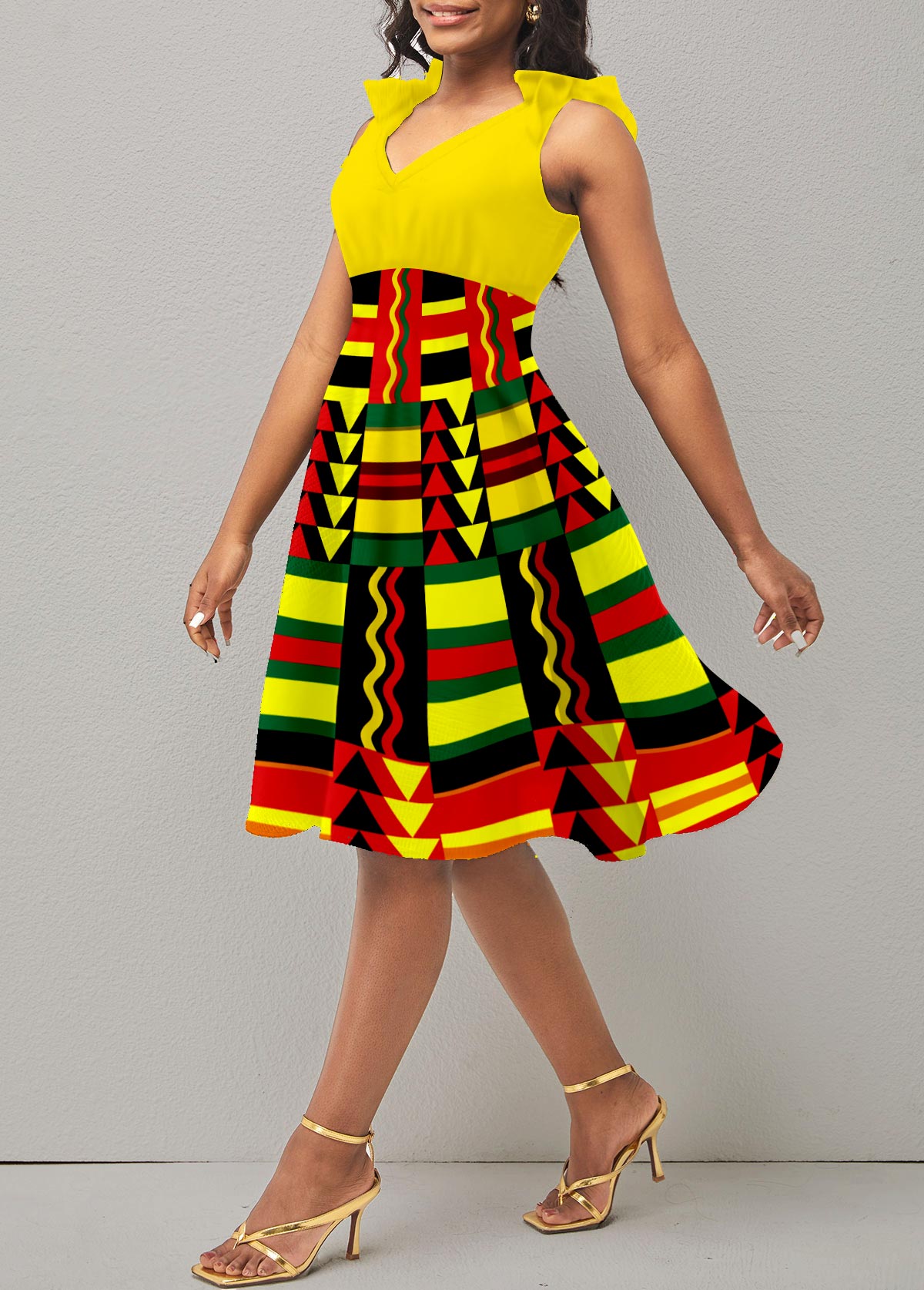 Yellow dresses,Tribal dresses,ROTITA Tribal Print V Neck Sleeveless Yellow Dress