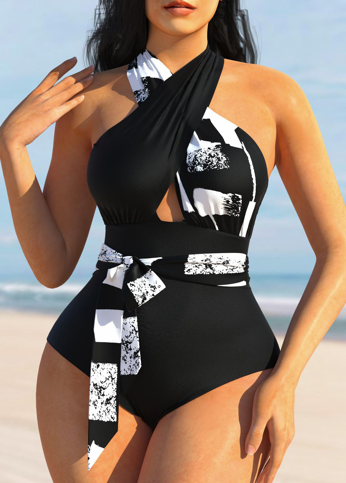 ROTITA Black Cross Halter Geometric Print One Piece Swimwear