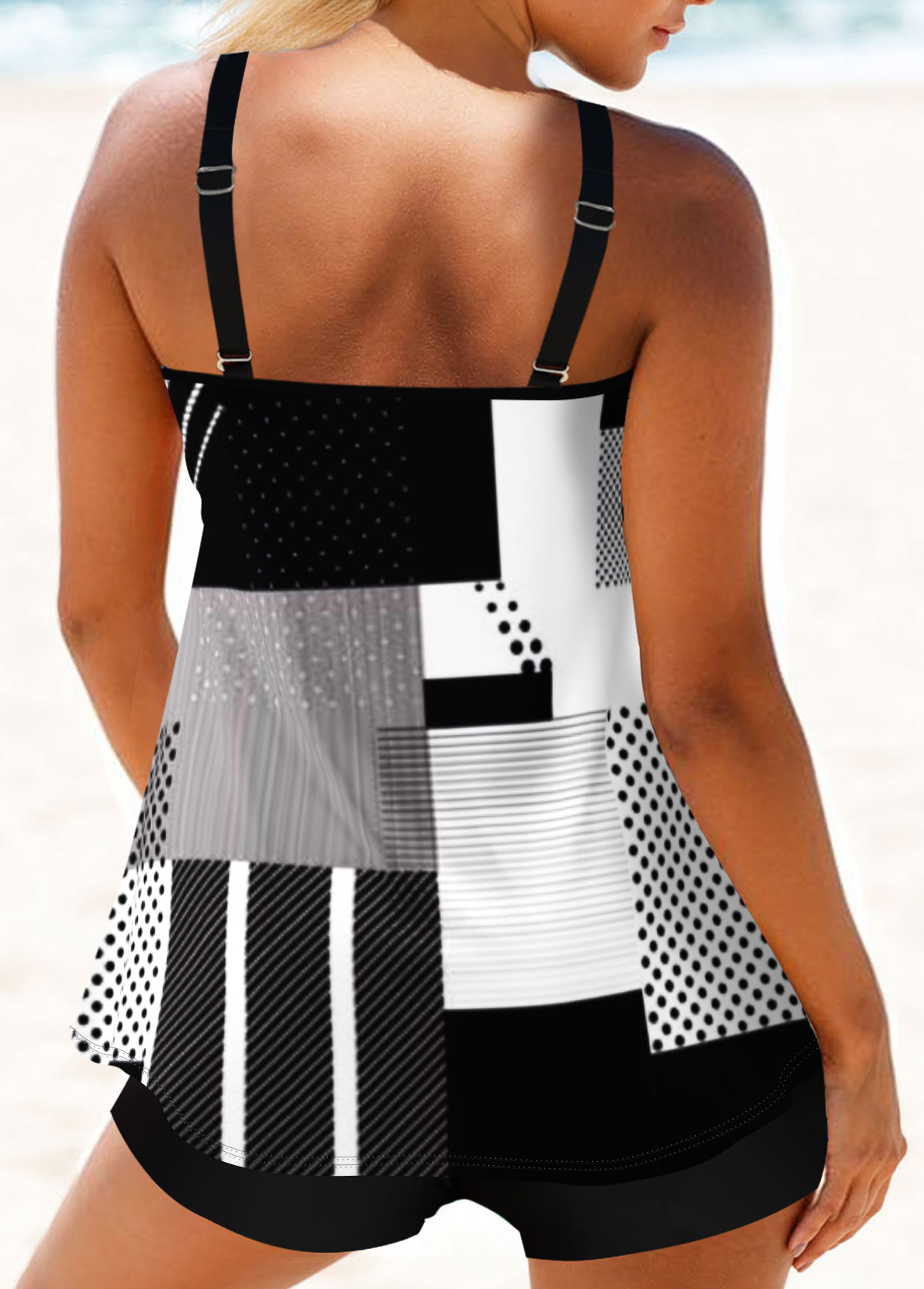 Black plus size,Geometric plus size,ROTITA Geometric Print Black Plus Size Double Straps Tankini Top