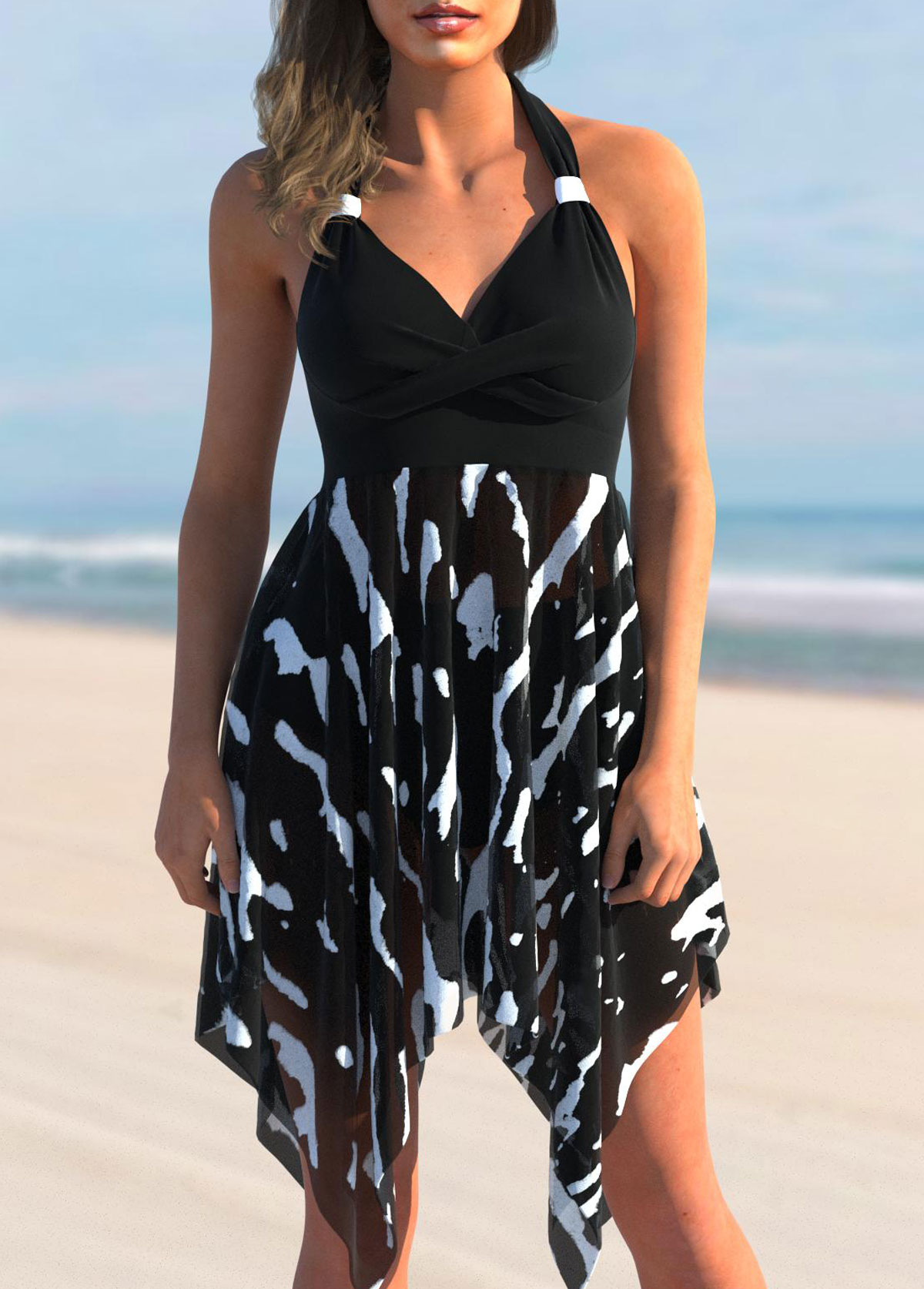 ROTITA Asymmetric Hem Brushstroke Print Color Block Swimdress Set