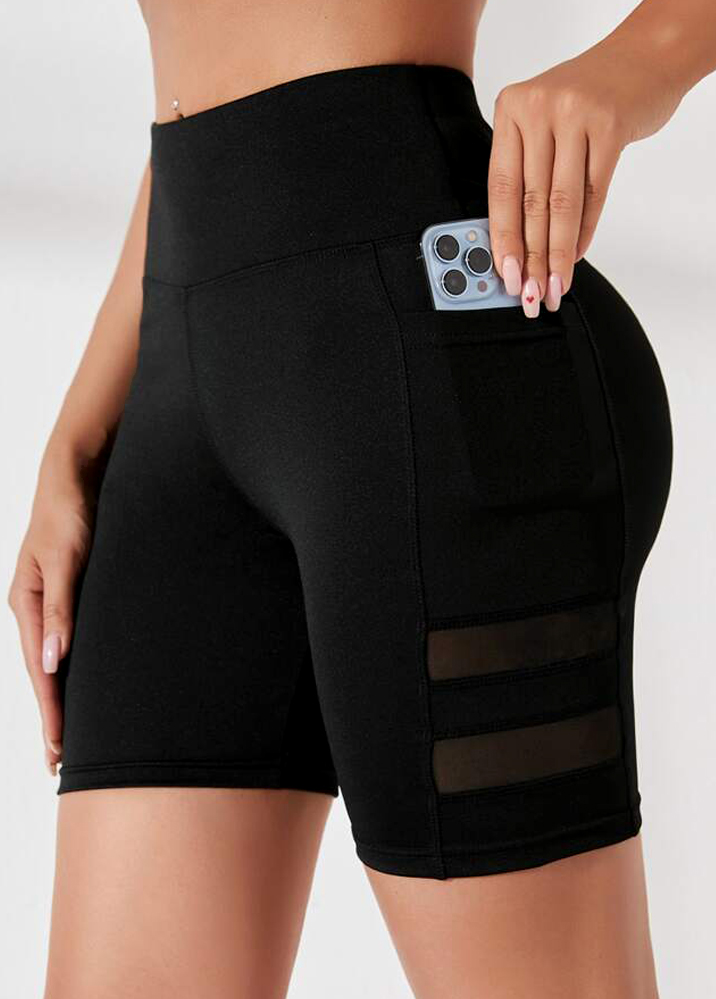 Black swimwear,Plain Color swimwear,ROTITA Mesh Stitching Black Pocket High Waisted Swim Shorts