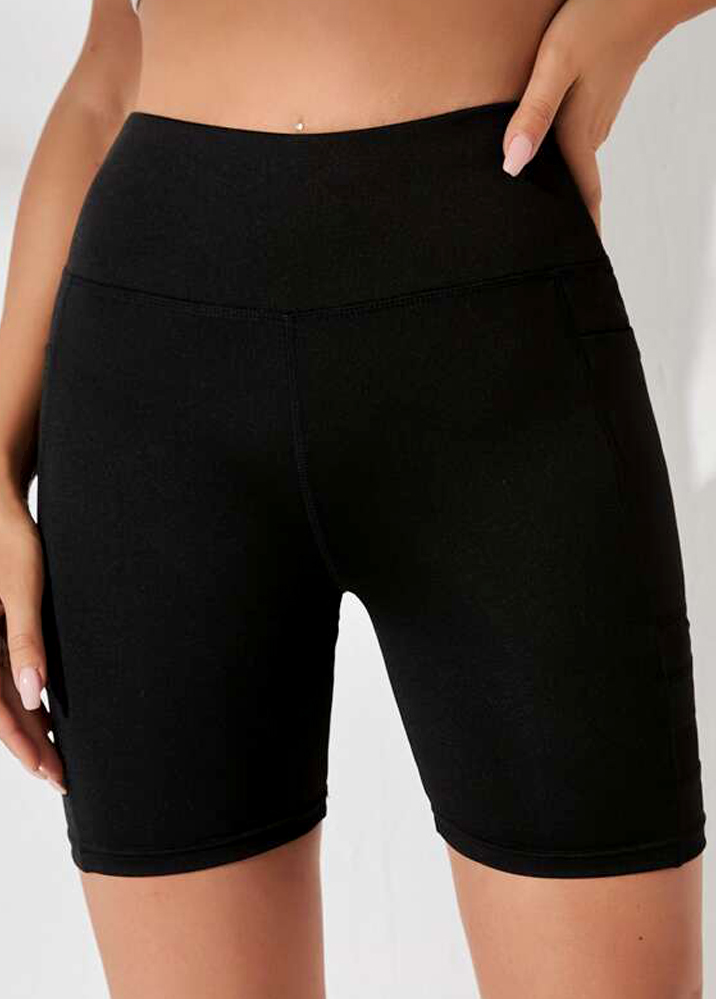 Black swimwear,Plain Color swimwear,ROTITA Mesh Stitching Black Pocket High Waisted Swim Shorts