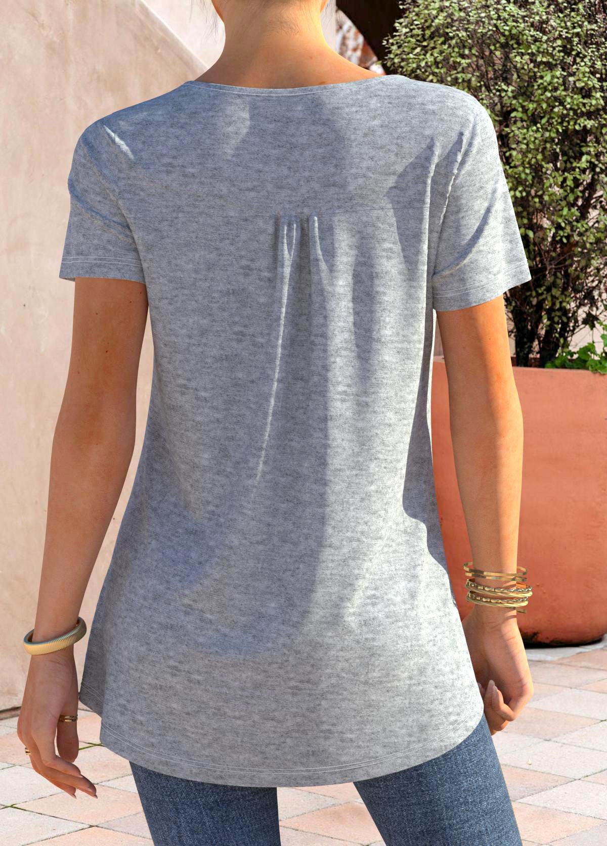 Light Grey Marl tops,Plain Color tops,ROTITA Grey Marl Split Neck Short Sleeve T Shirt