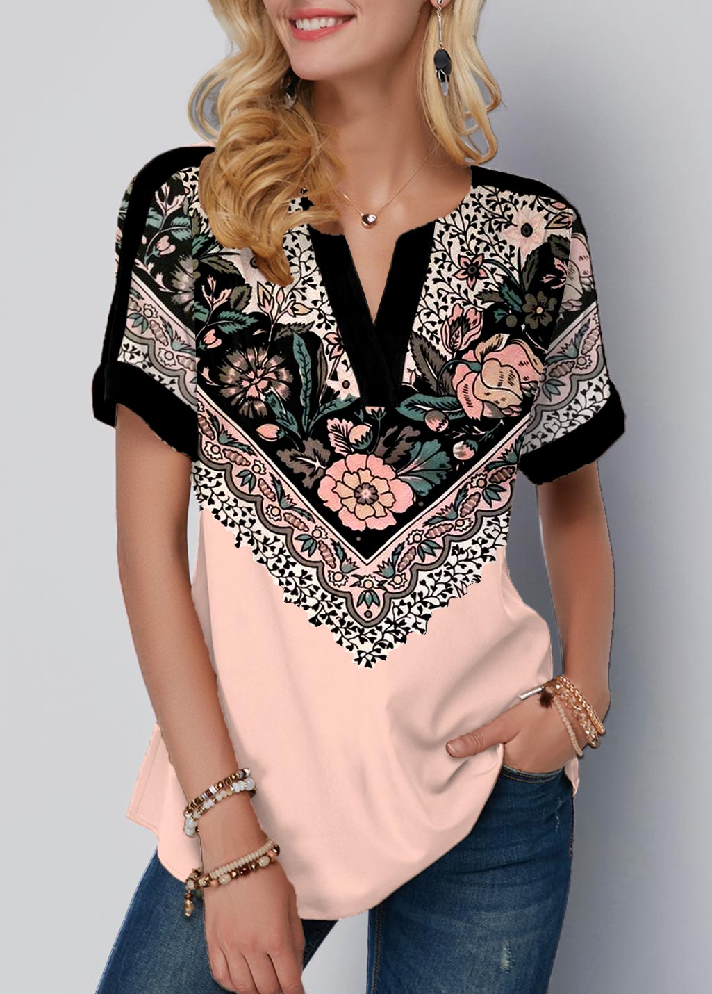 Light Pink tops,Floral tops,ROTITA Floral Print Light Pink Split Neck T Shirt