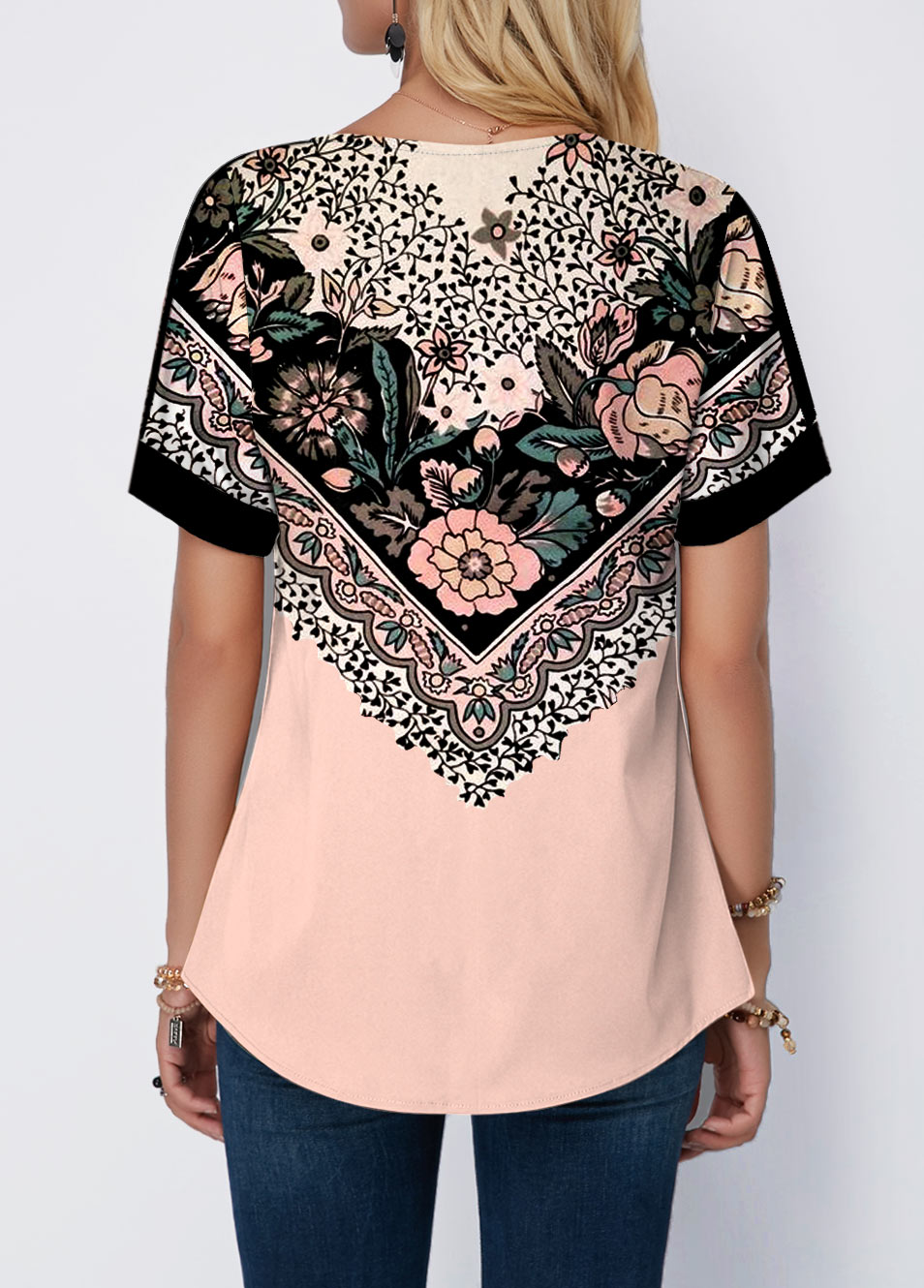 Light Pink tops,Floral tops,ROTITA Floral Print Light Pink Split Neck T Shirt