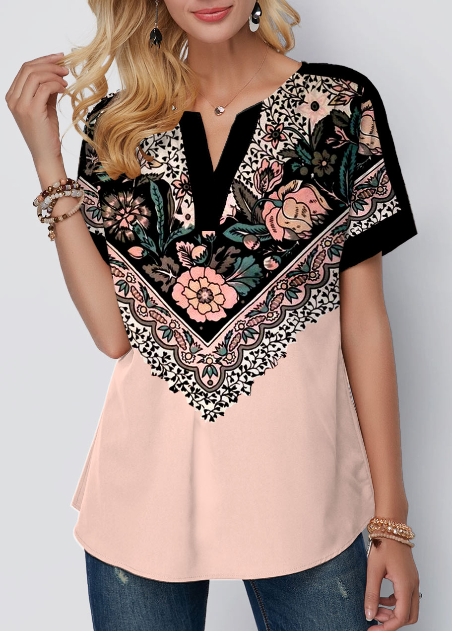 Light Pink tops,Floral tops,ROTITA Floral Print Light Pink Split Neck T Shirt