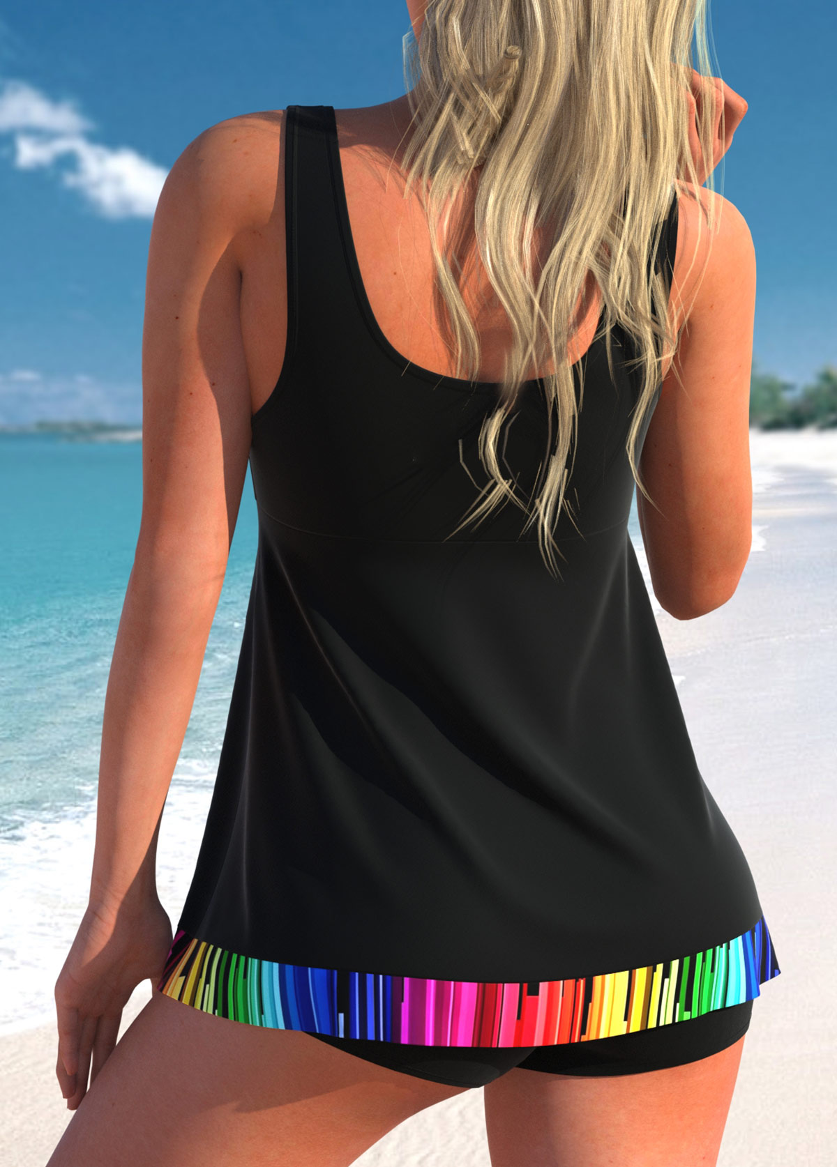 Rainbow Color swimwear,Striped swimwear,ROTITA Wide Strap Rainbow Stripe Swimdress Top