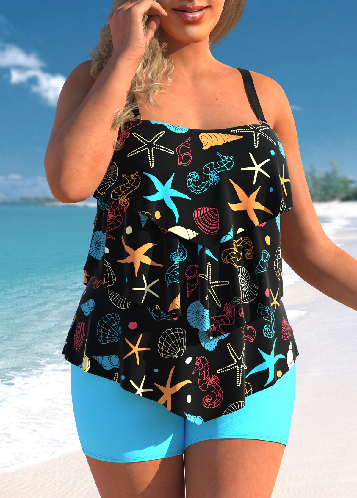 Multi Color plus size,Animal Print plus size,ROTITA Marine Life Print Plus Size Layered Hem Tankini Set