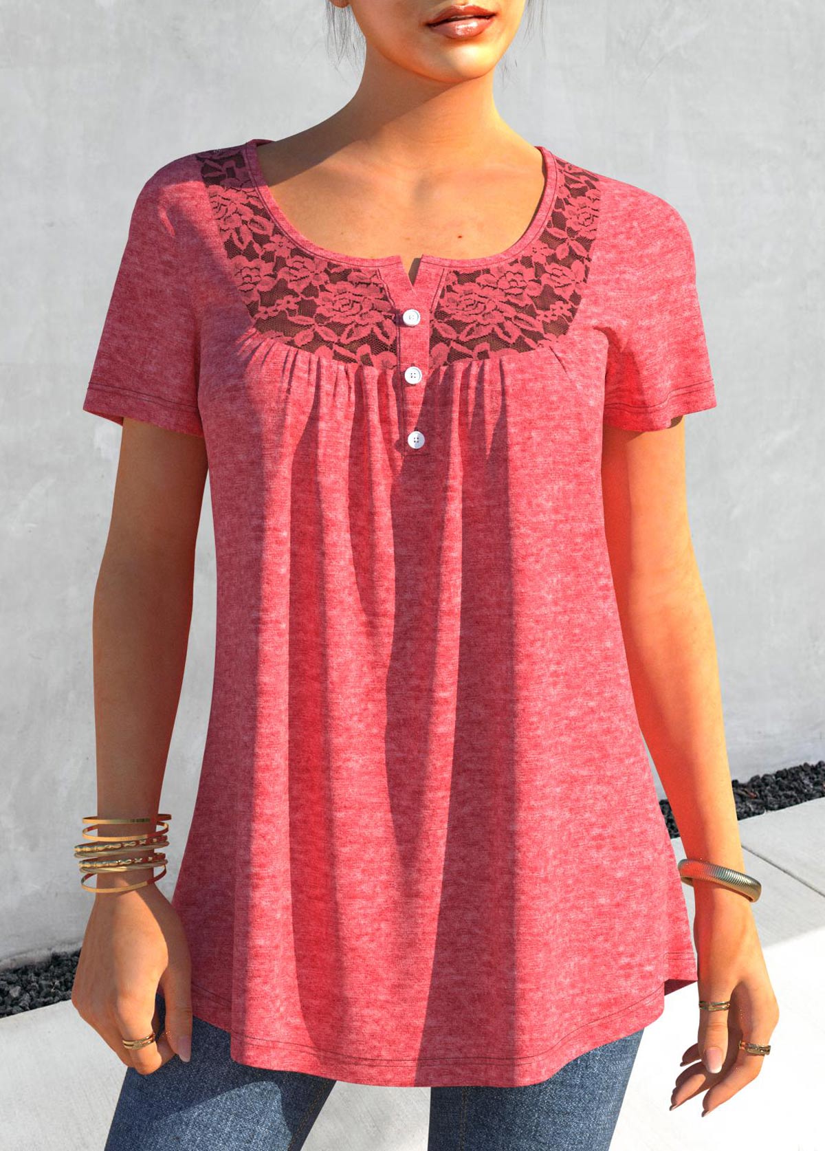Pink tops,Plain Color tops,ROTITA Lace Stitching Pink Short Sleeve T Shirt