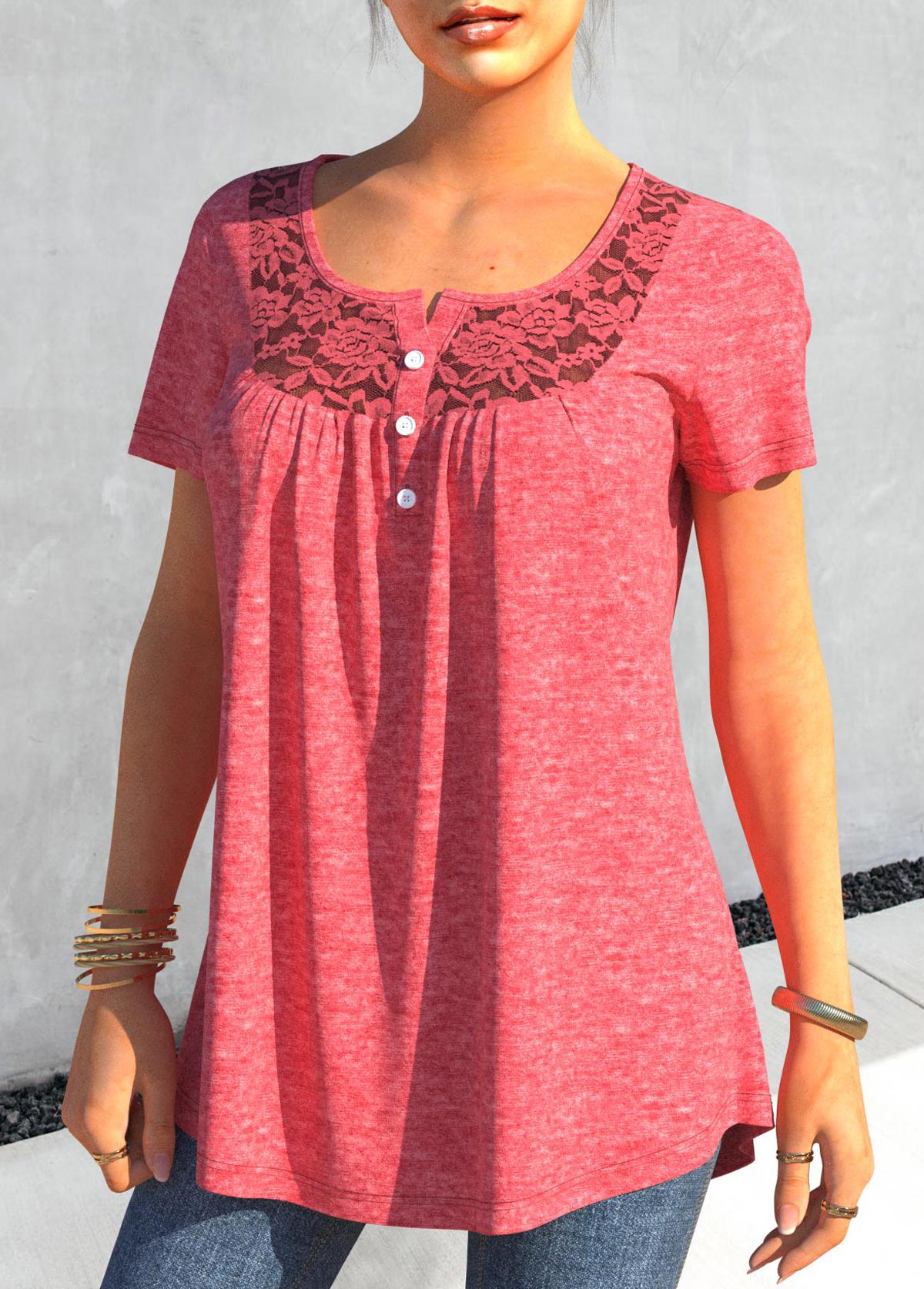 Pink tops,Plain Color tops,ROTITA Lace Stitching Pink Short Sleeve T Shirt