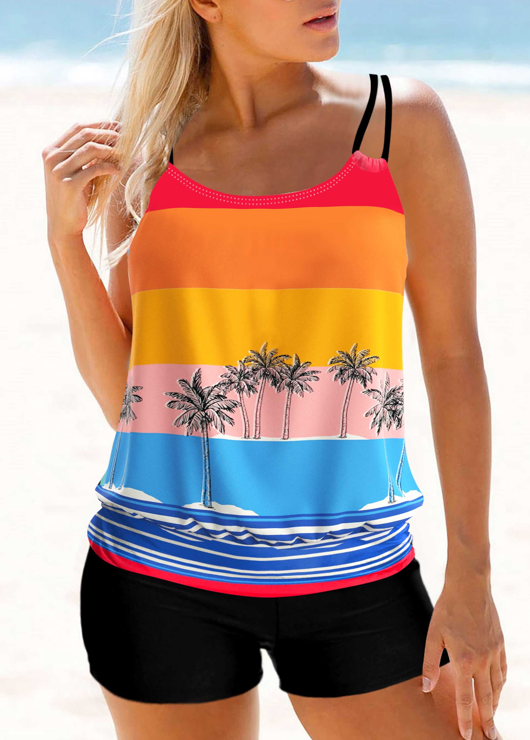 Multi Color swimwear,Striped swimwear,ROTITA Coconut Tree Print Blouson Tankini Top