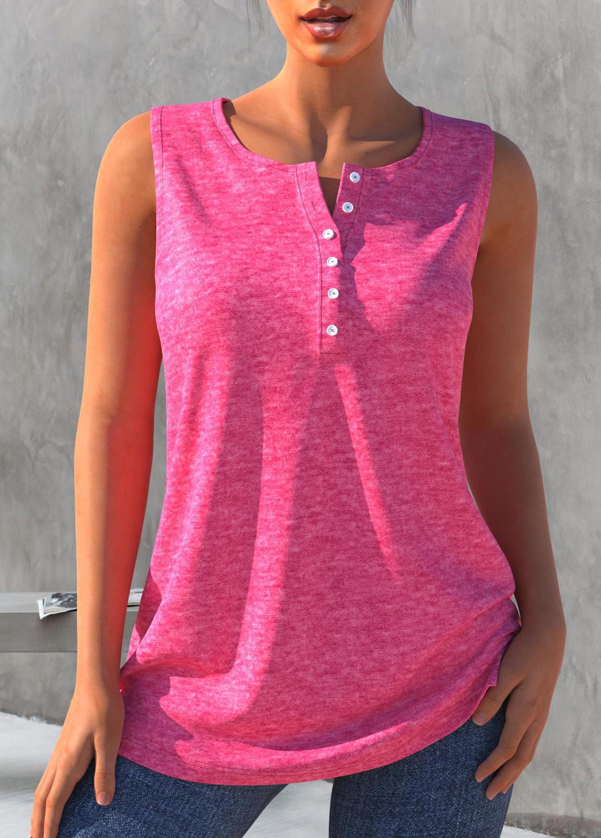 Pink tops,Plain Color tops,ROTITA Button Detail Pink Split Neck Tank Top