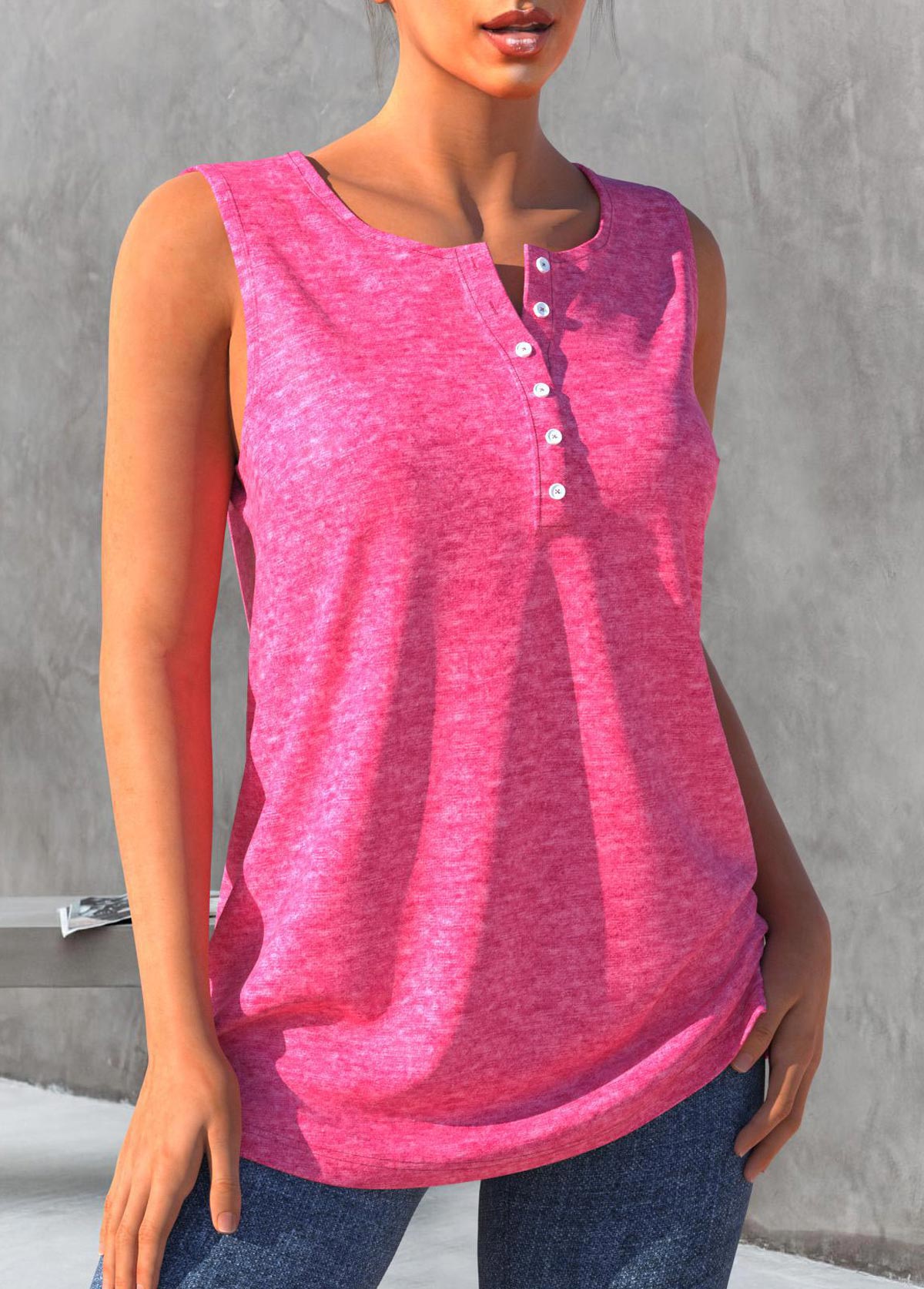 Pink tops,Plain Color tops,ROTITA Button Detail Pink Split Neck Tank Top
