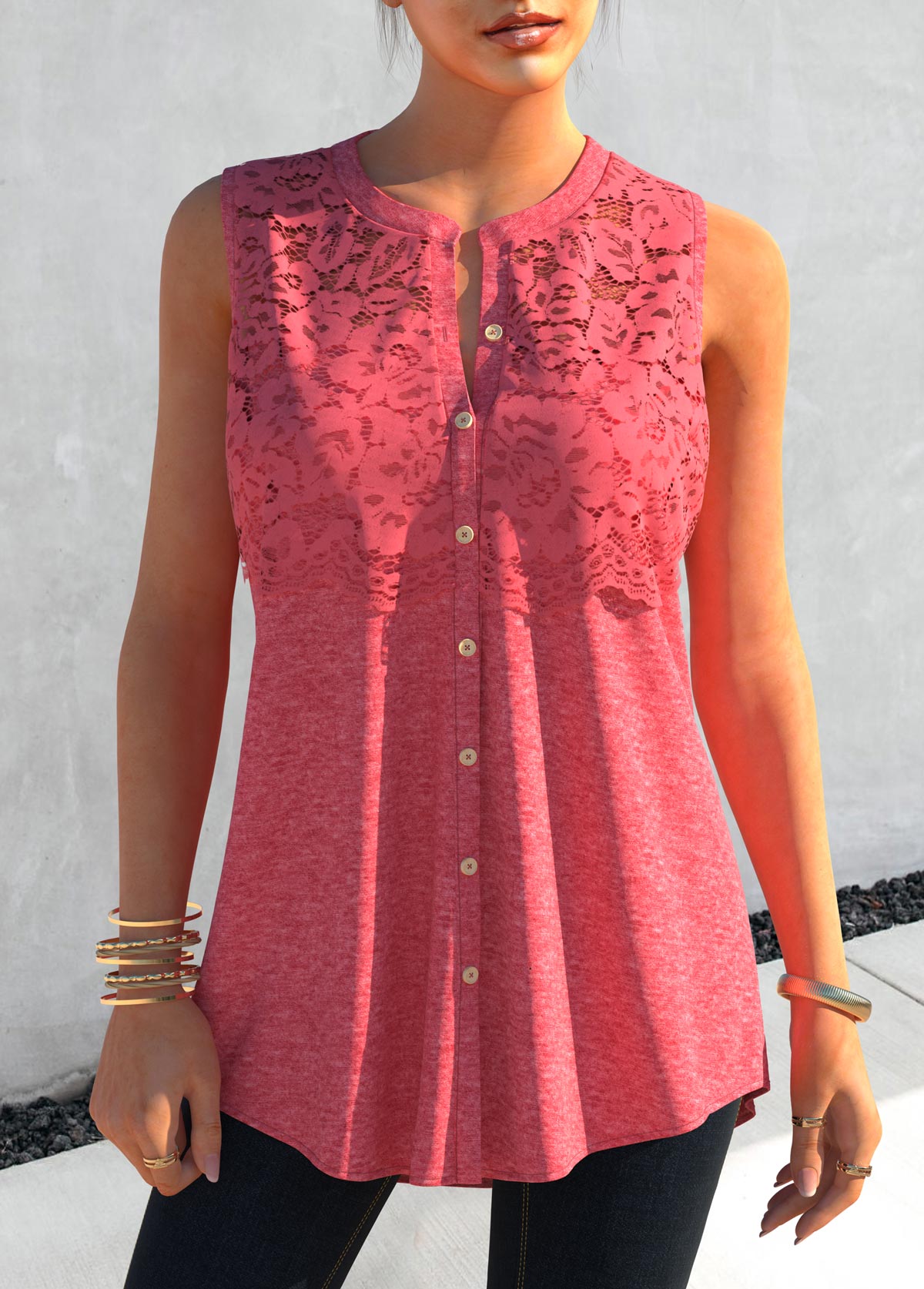 Pink tops,Plain Color tops,ROTITA Pink Lace Stitching Button Up Tank Top