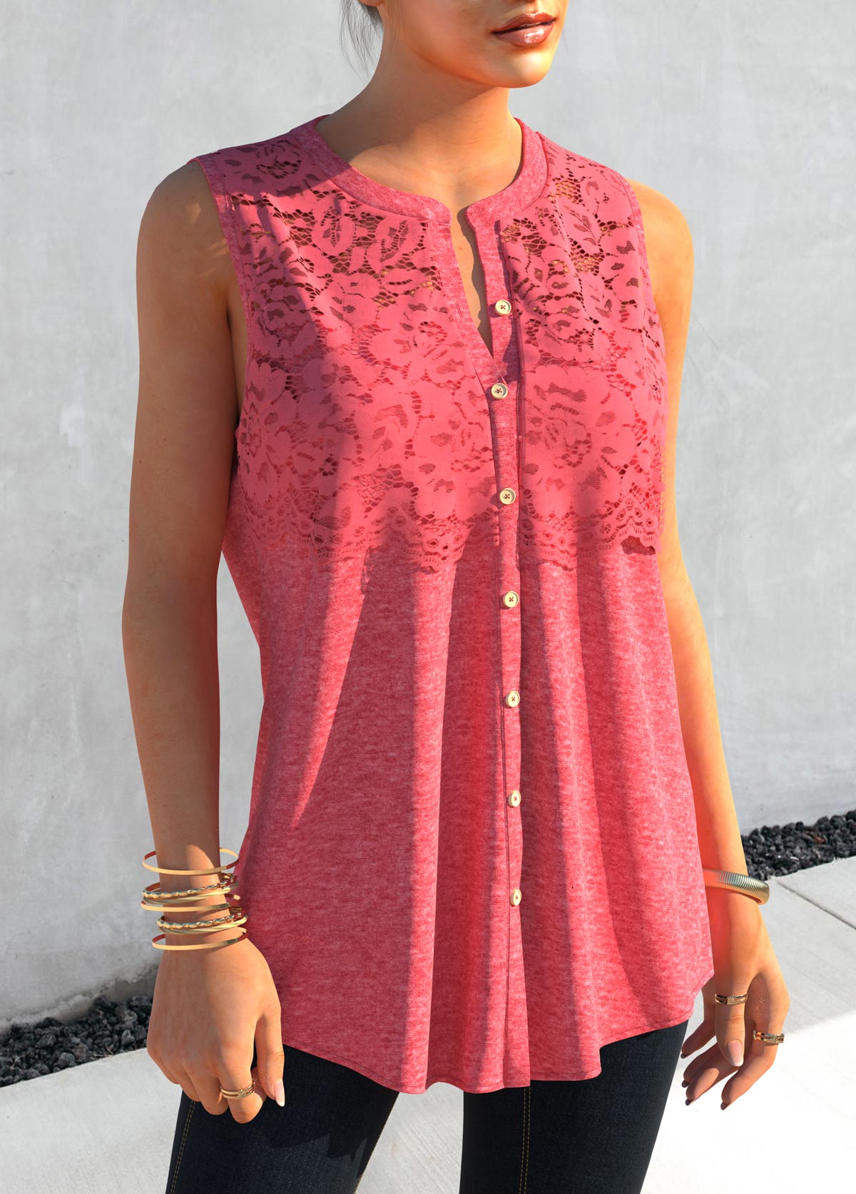 Pink tops,Plain Color tops,ROTITA Pink Lace Stitching Button Up Tank Top