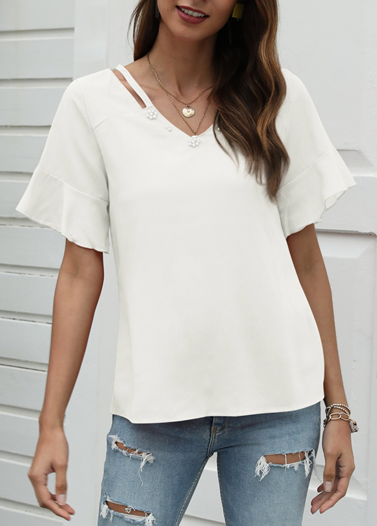White tops,Plain Color tops,White Cutout Pearl Design T Shirt