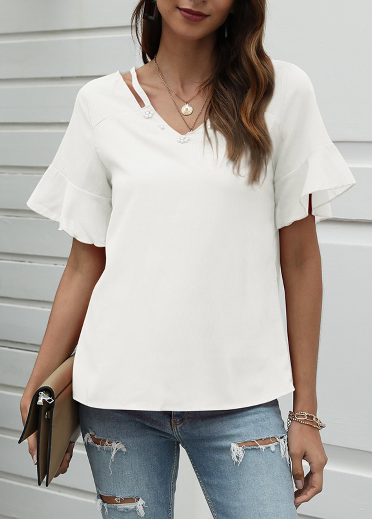 White tops,Plain Color tops,White Cutout Pearl Design T Shirt