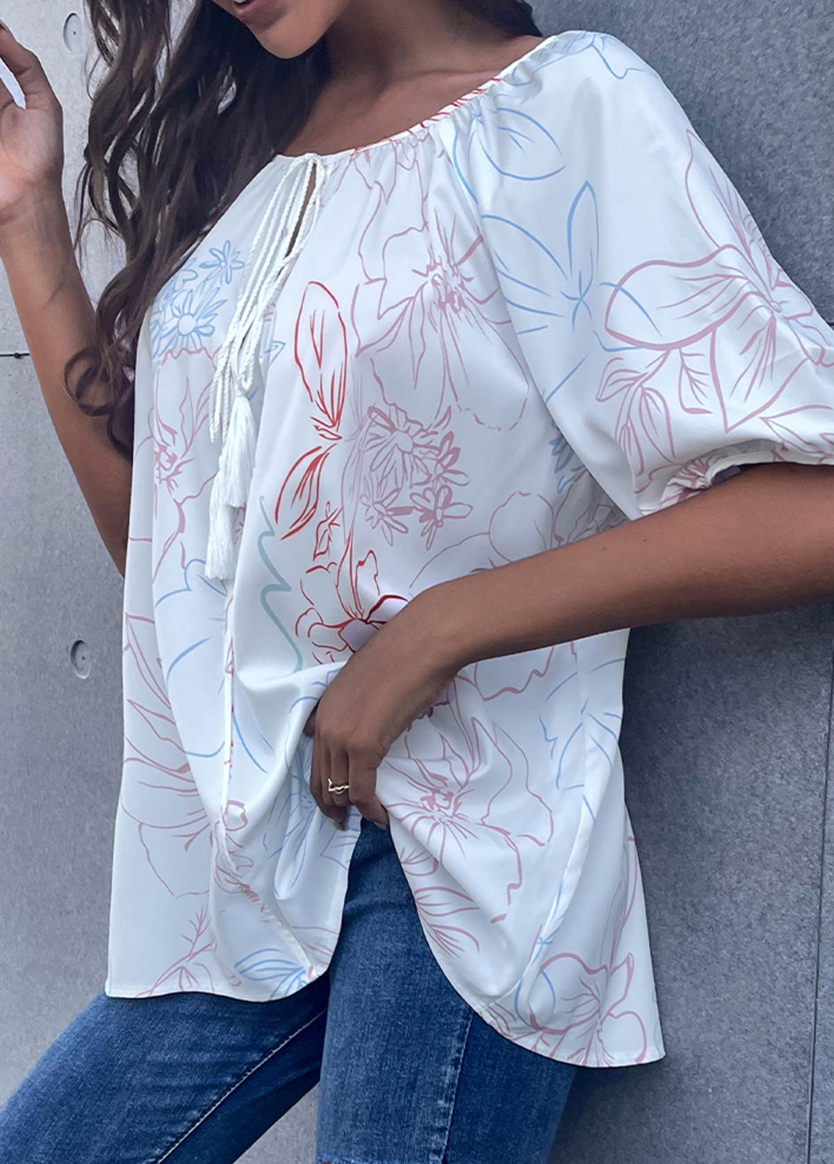 White tops,Floral tops,Floral Print Tie Front White T Shirt