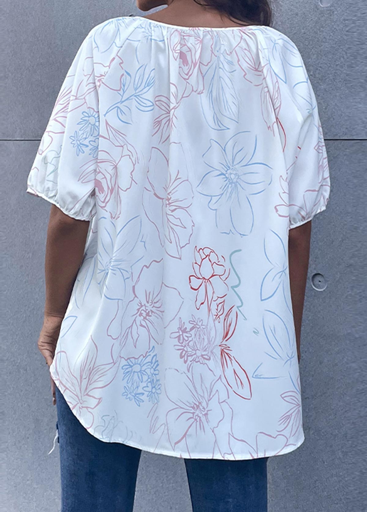 White tops,Floral tops,Floral Print Tie Front White T Shirt