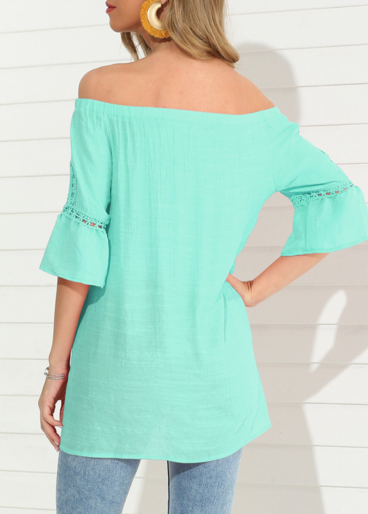 Green tops,Plain Color tops,Feathers Design Mint Green Hollow Out T Shirt