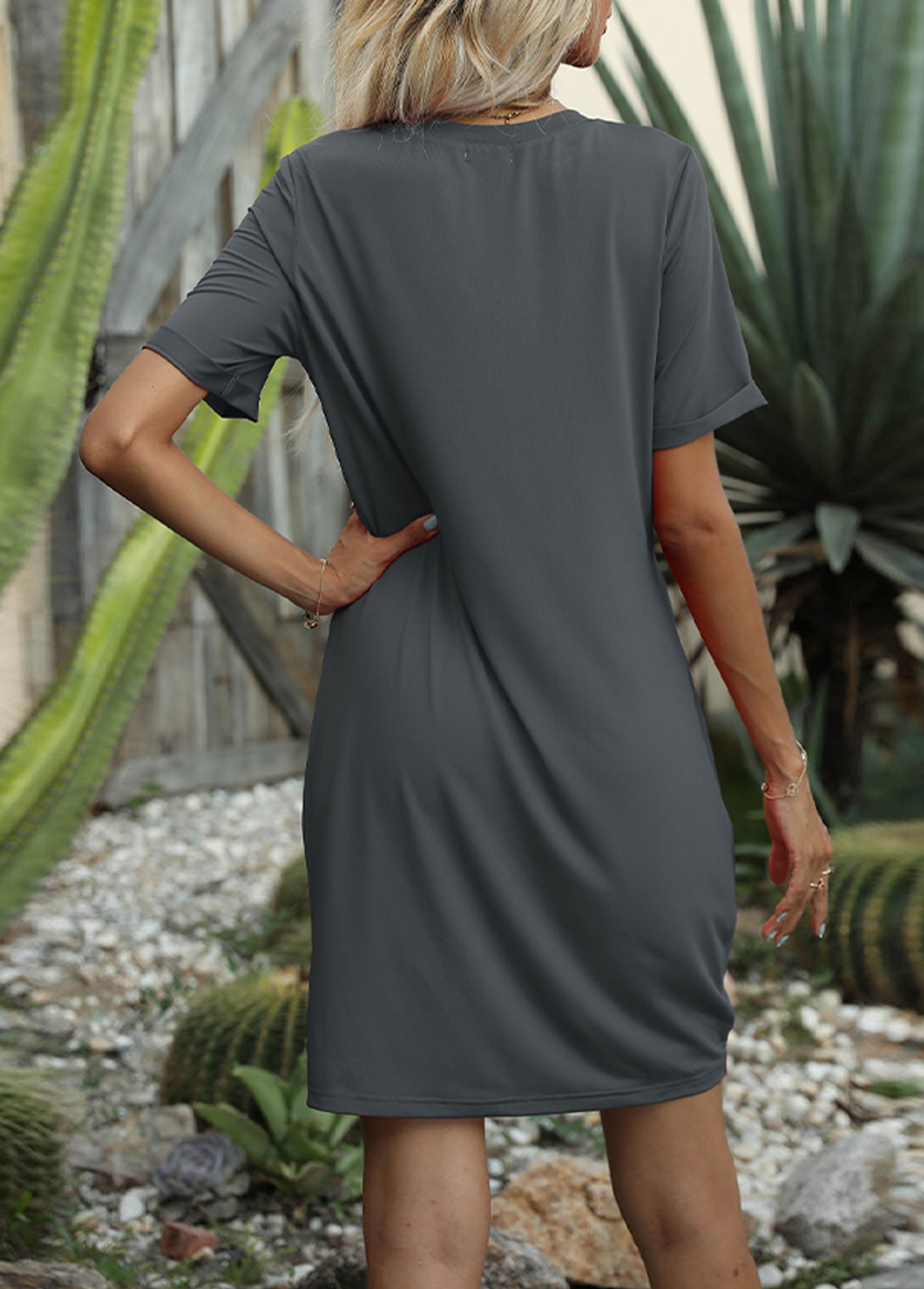 Dark Grey dresses,Plain Color dresses,V Neck Brown Twist Front Dress