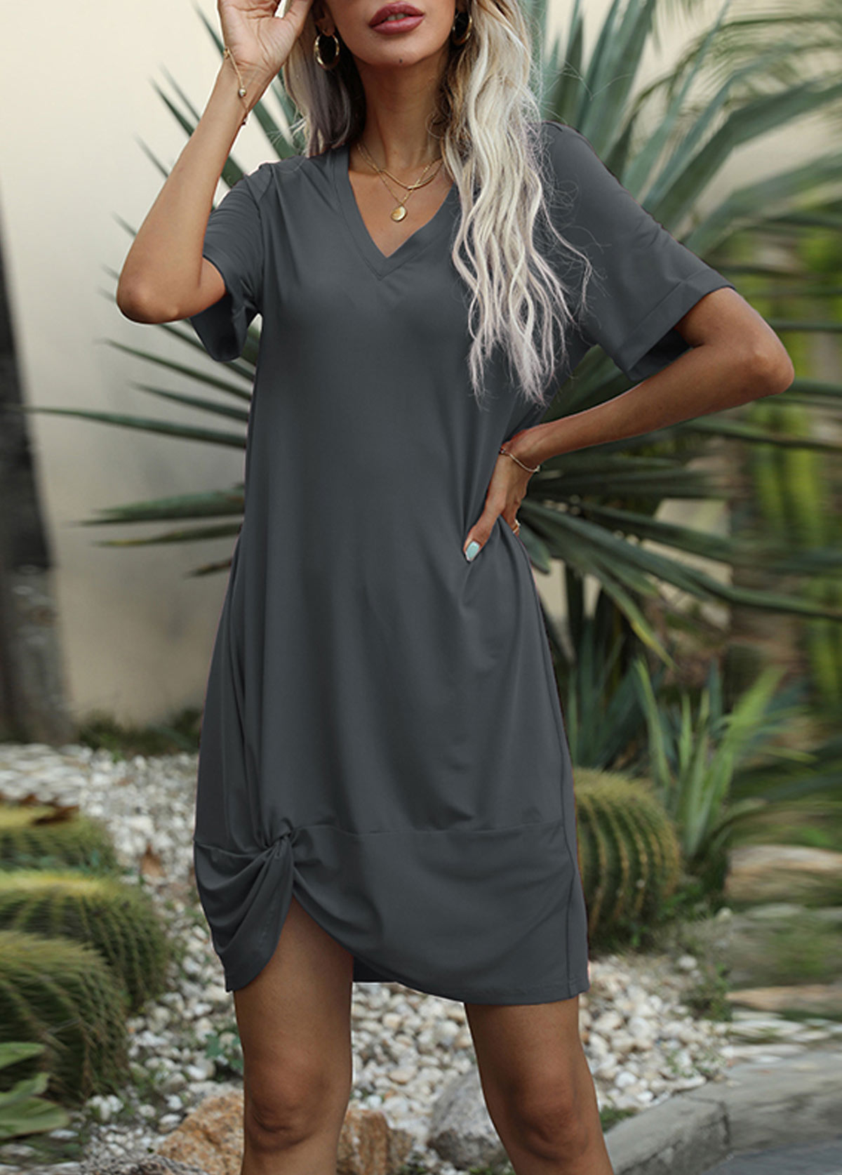 Dark Grey dresses,Plain Color dresses,V Neck Brown Twist Front Dress