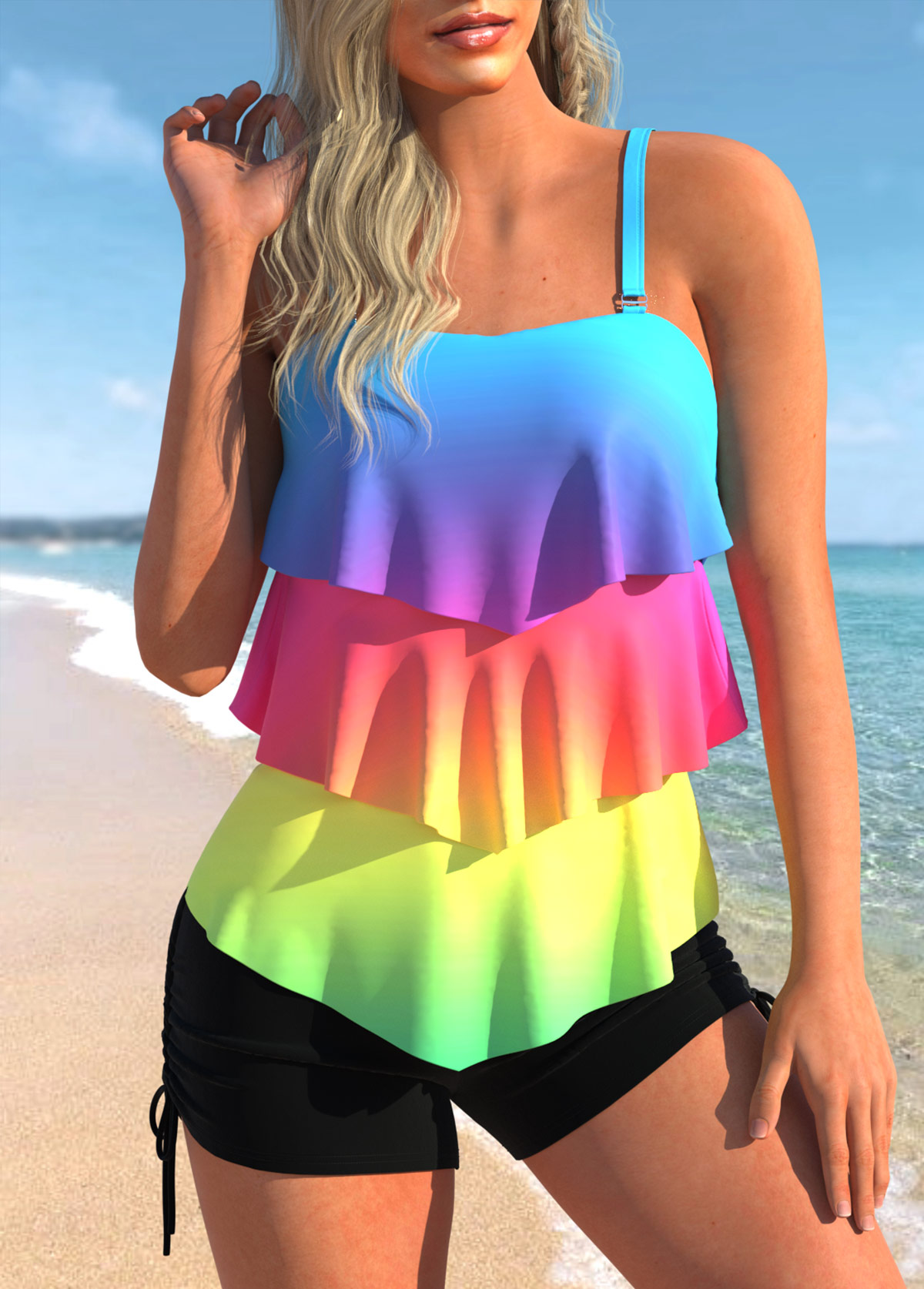 ROTITA Layered Hem Rainbow Print Tankini Top-No Bottom