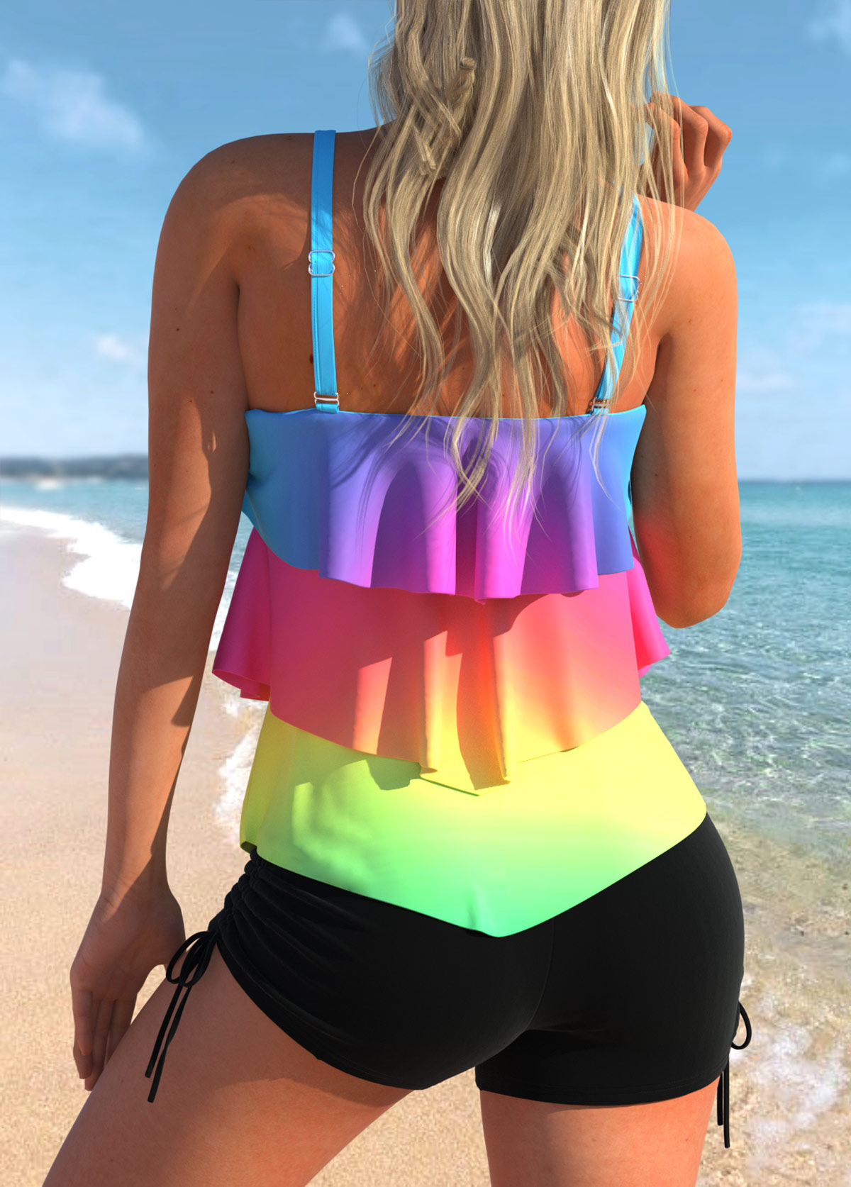 Rainbow Color swimwear,Ombre swimwear,ROTITA Layered Hem Rainbow Print Tankini Top