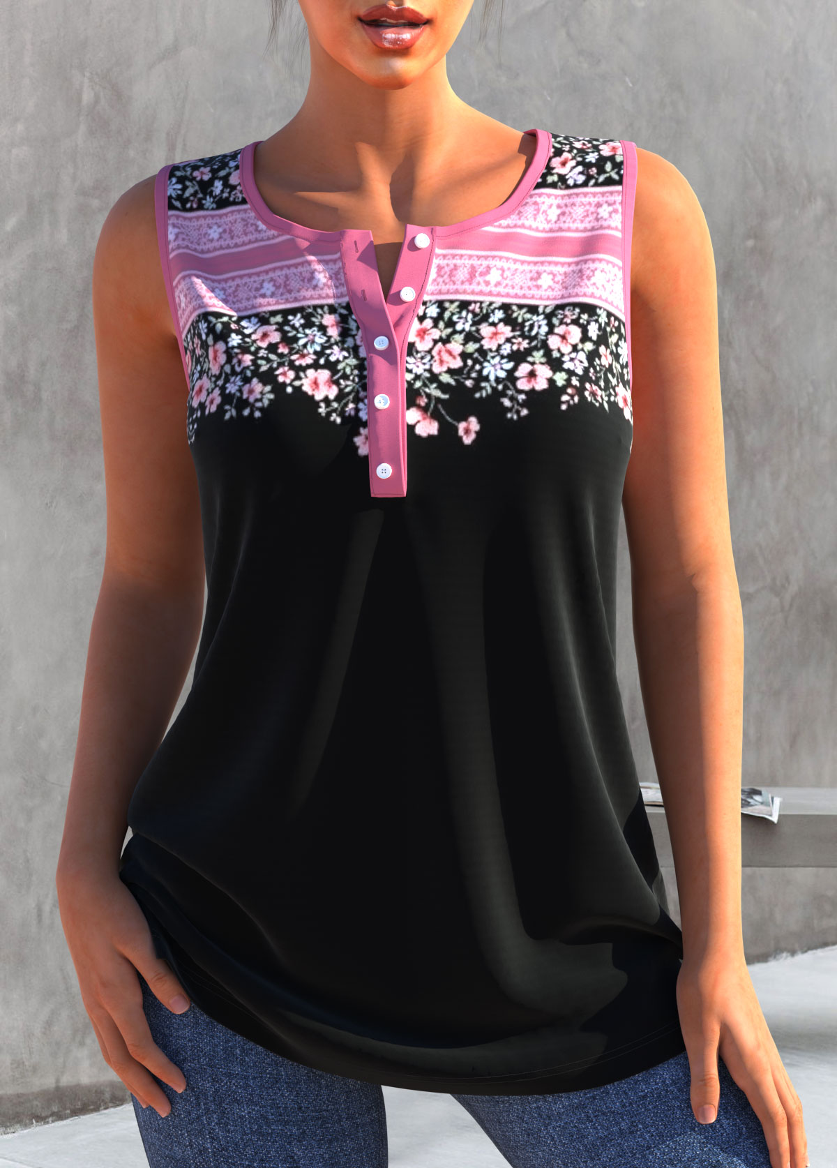 ROTITA Floral Print Black Split Neck Tank Top