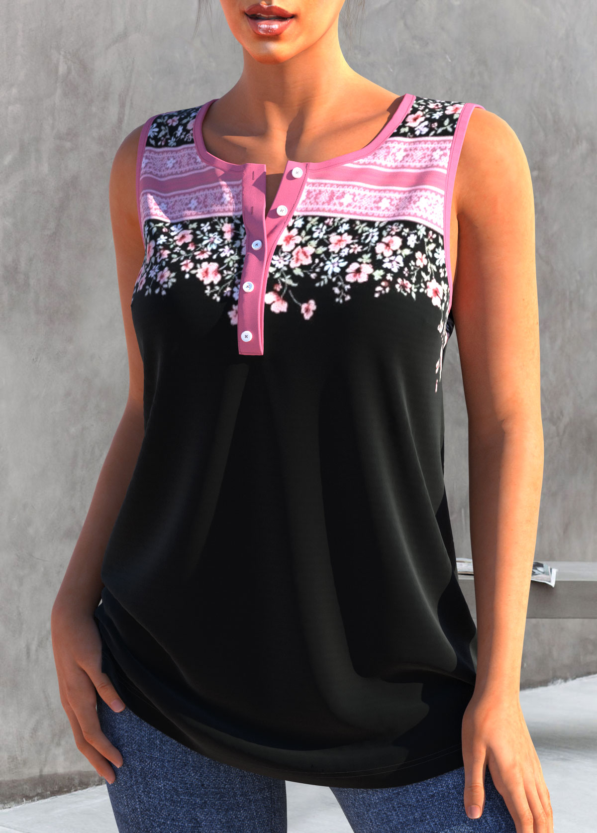 Black tops,Ditsy Floral tops,ROTITA Floral Print Black Split Neck Tank Top