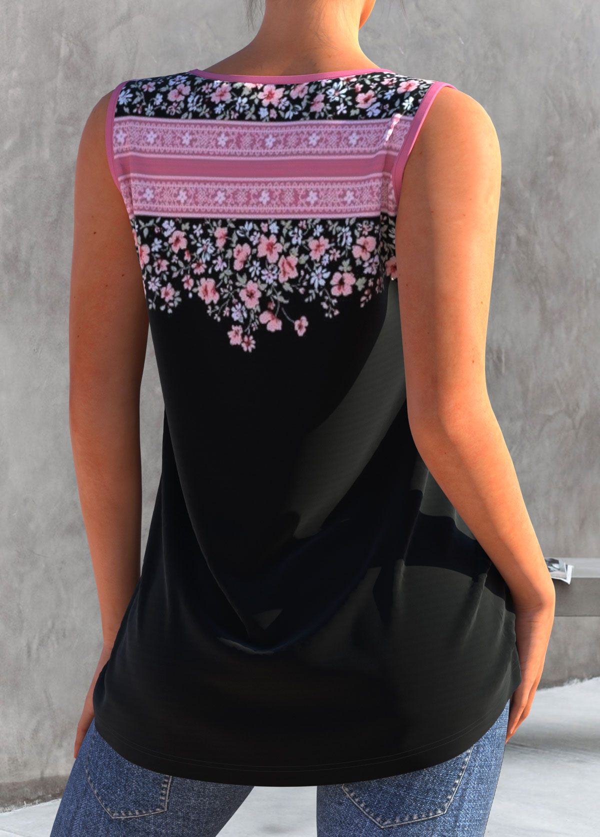 Black tops,Ditsy Floral tops,ROTITA Floral Print Black Split Neck Tank Top