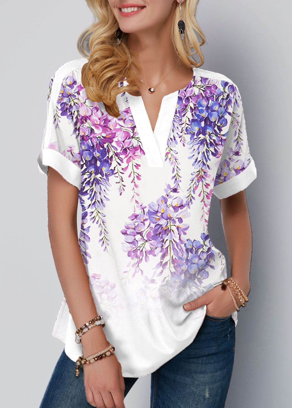 ROTITA Floral Print Purple Split Neck T Shirt