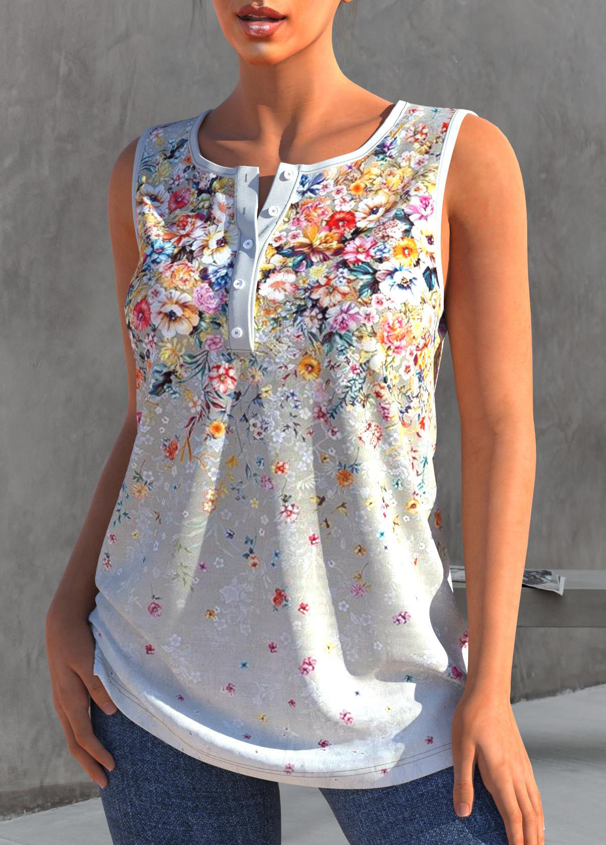 Multi Color tops,Ditsy Floral tops,ROTITA Ombre Floral Print Multi Color Tank Top