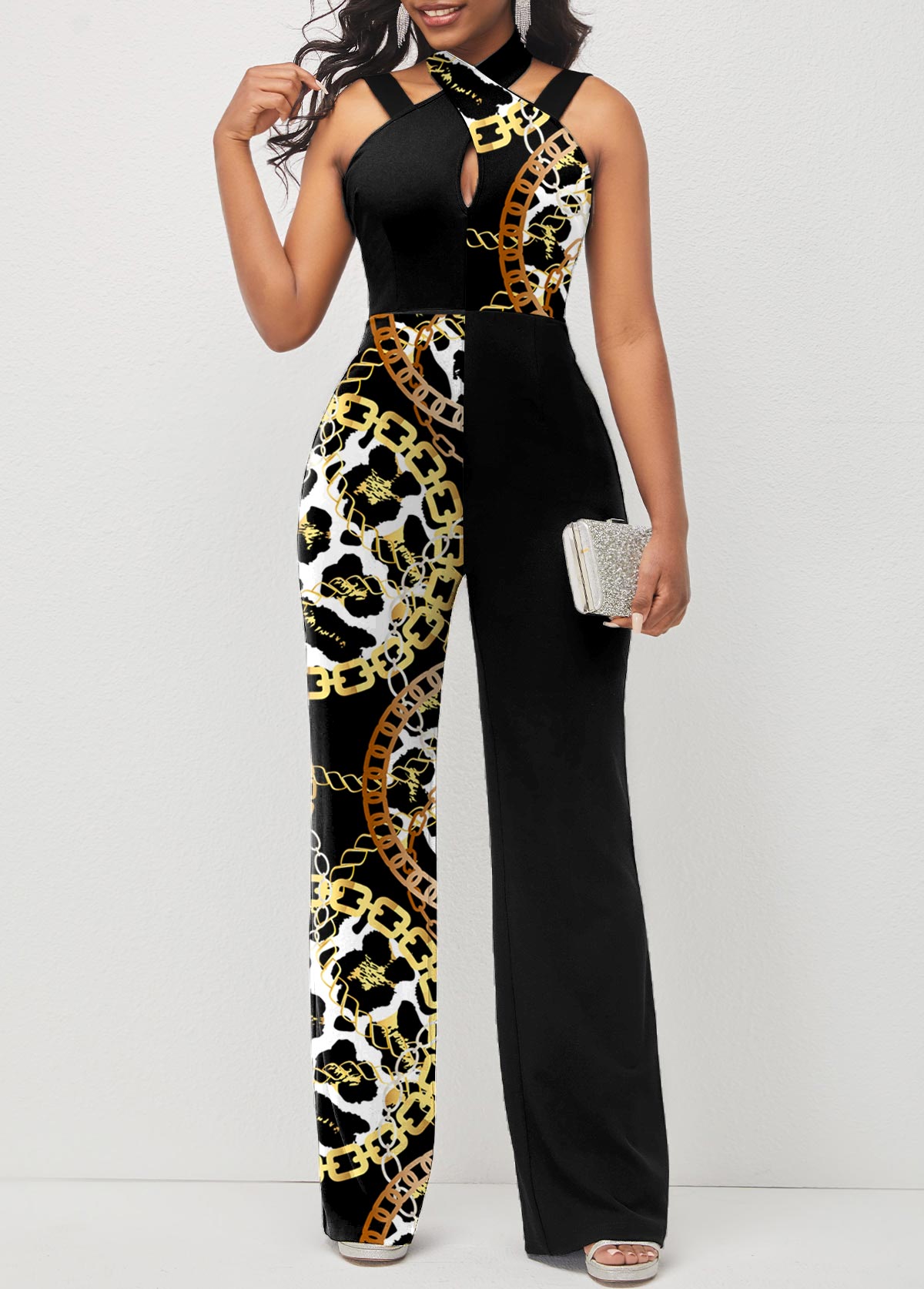 ROTITA Black Cross Halter Animal Pattern Jumpsuit