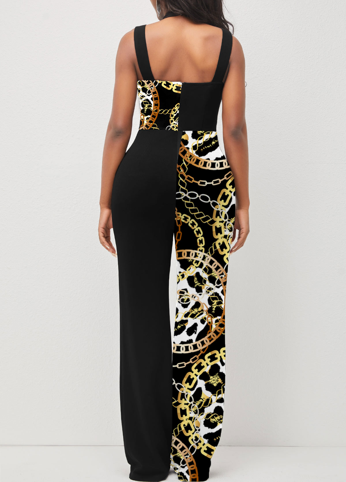 Black jumpsuits & rompers,Tribal jumpsuits & rompers,ROTITA Black Cross Halter Animal Pattern Jumpsuit