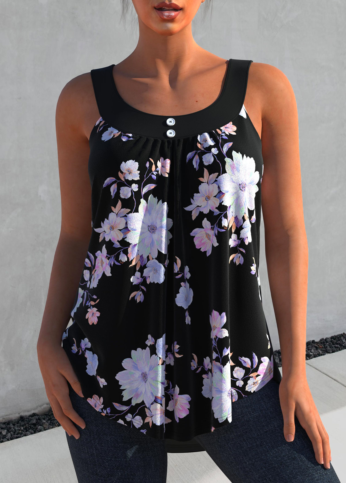 Black tops,Ditsy Floral tops,ROTITA Floral Print Decorative Button Black Tank Top