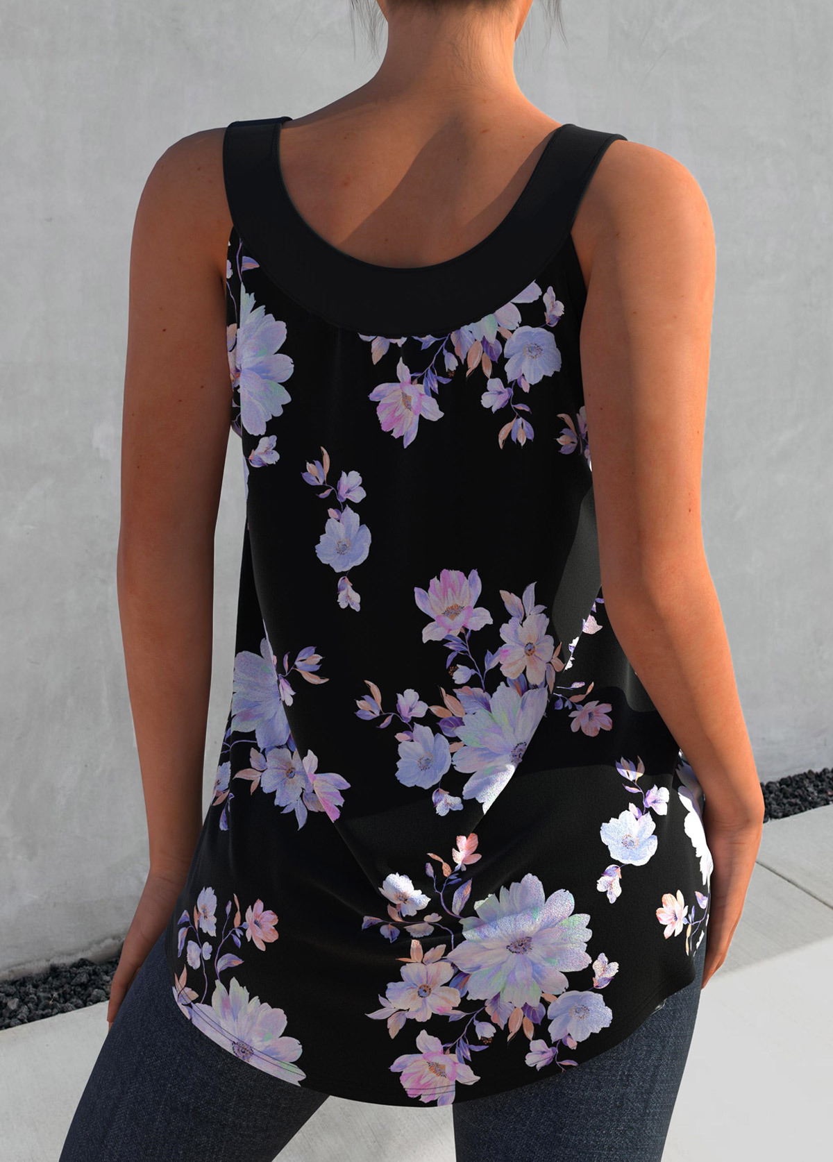 Black tops,Ditsy Floral tops,ROTITA Floral Print Decorative Button Black Tank Top