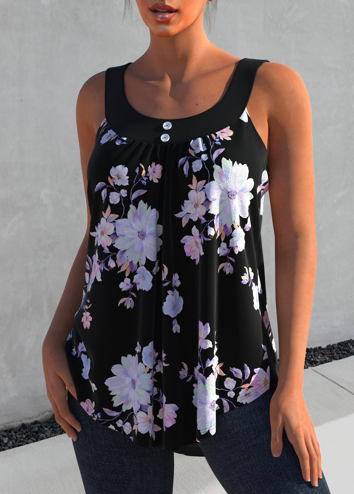 Black tops,Ditsy Floral tops,ROTITA Floral Print Decorative Button Black Tank Top