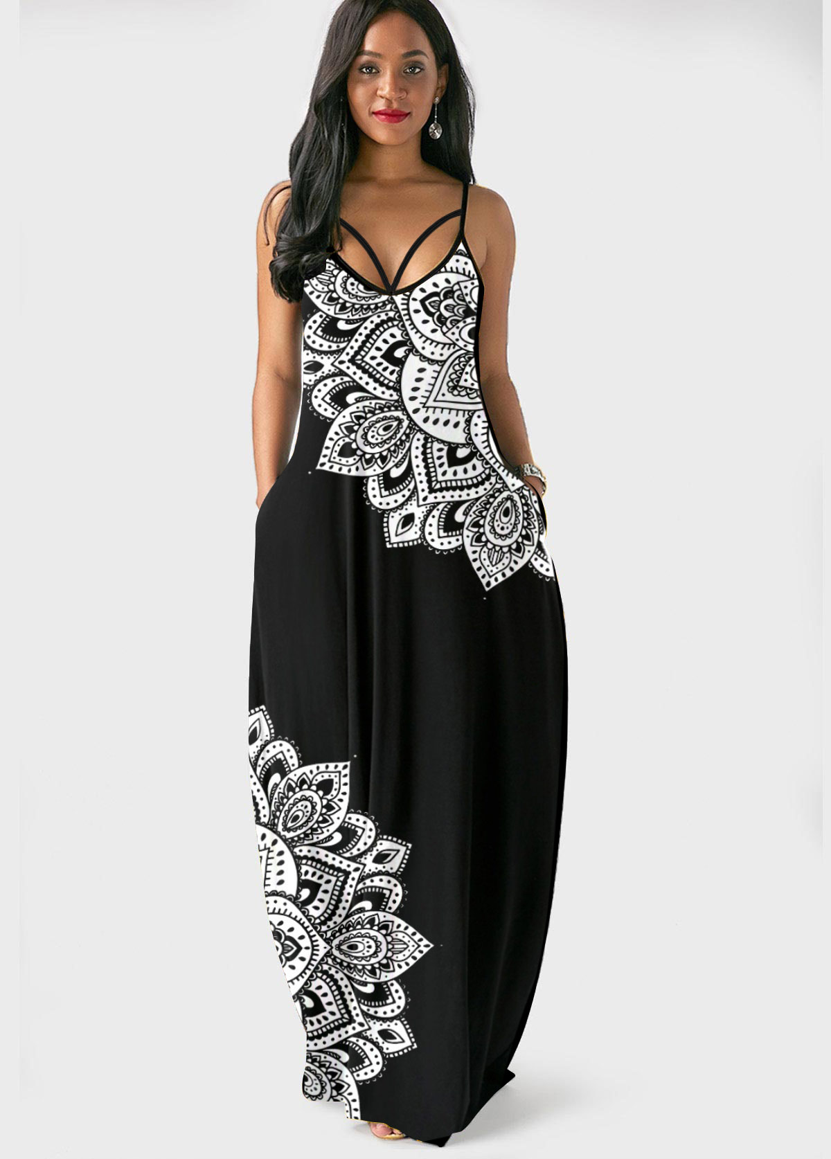 Black dresses,Tribal dresses,ROTITA Double Side Pockets Black Tribal Print Spaghetti Strap Dress